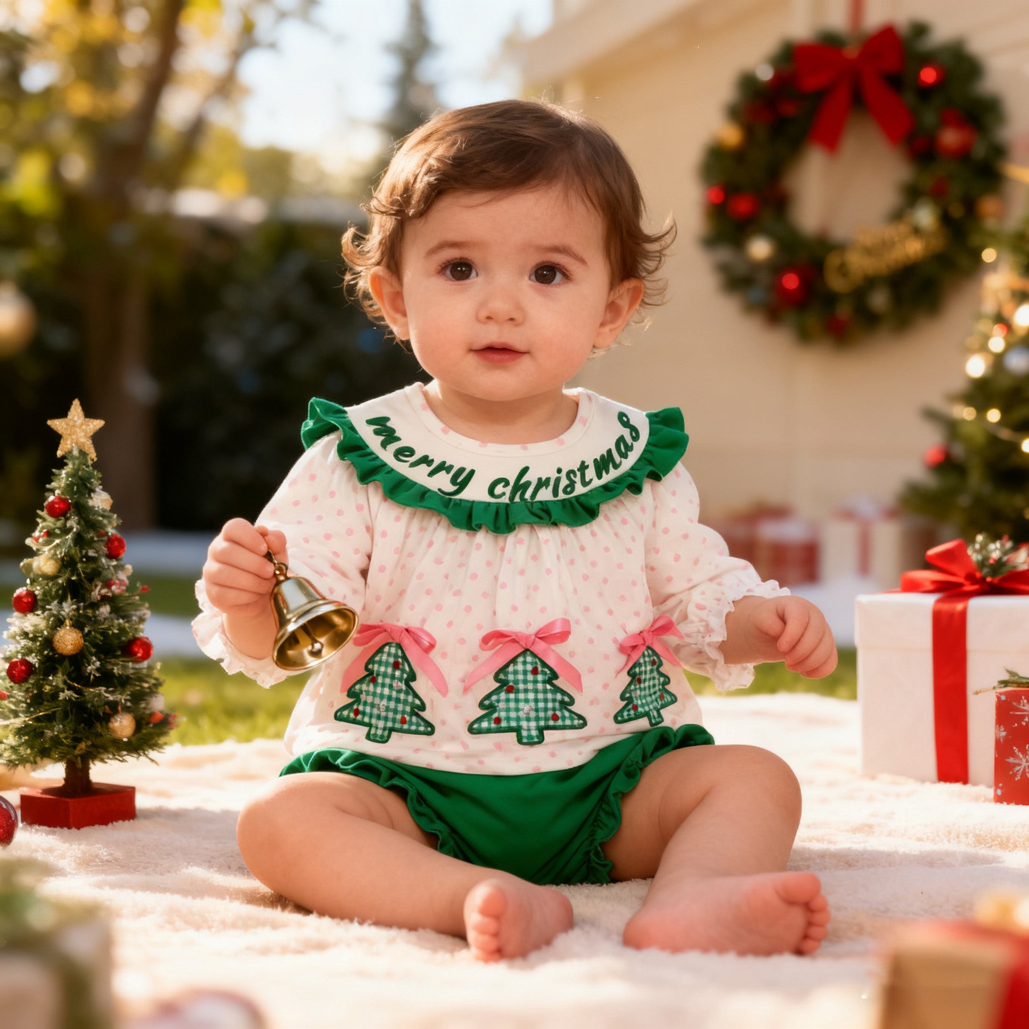 （In Stock）Baby Girls Christmas Applique Bloomer Set