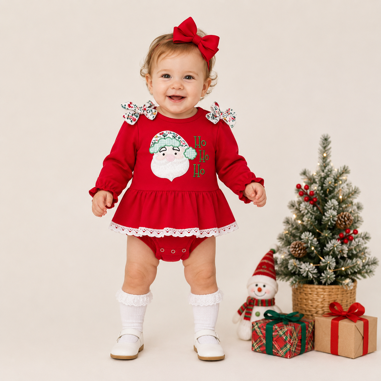 （In Stock）Toddler Girls Christmas Applique Cotton Romper