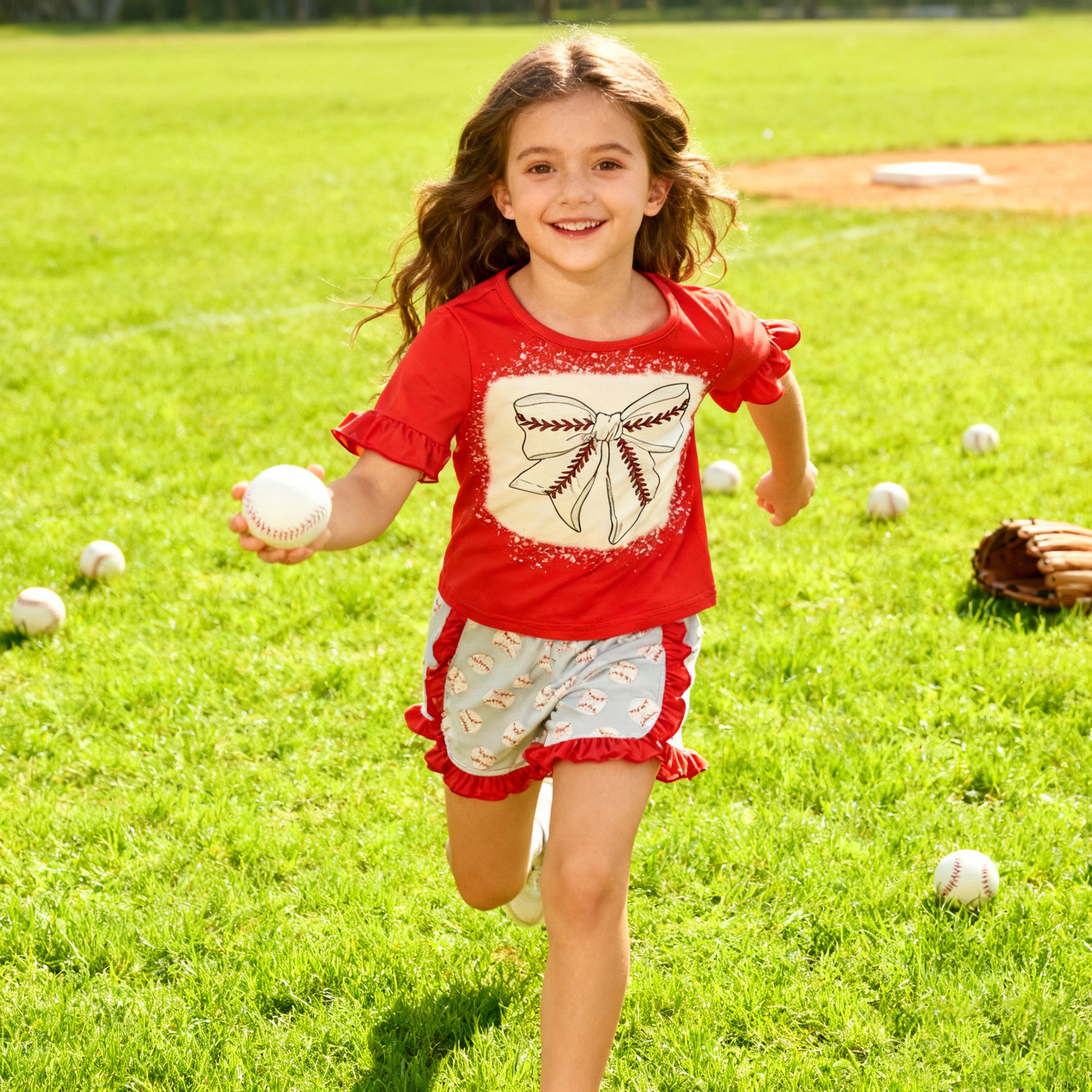 （In Stock）Girls Spring and Summer Baseball Print Shorts Set