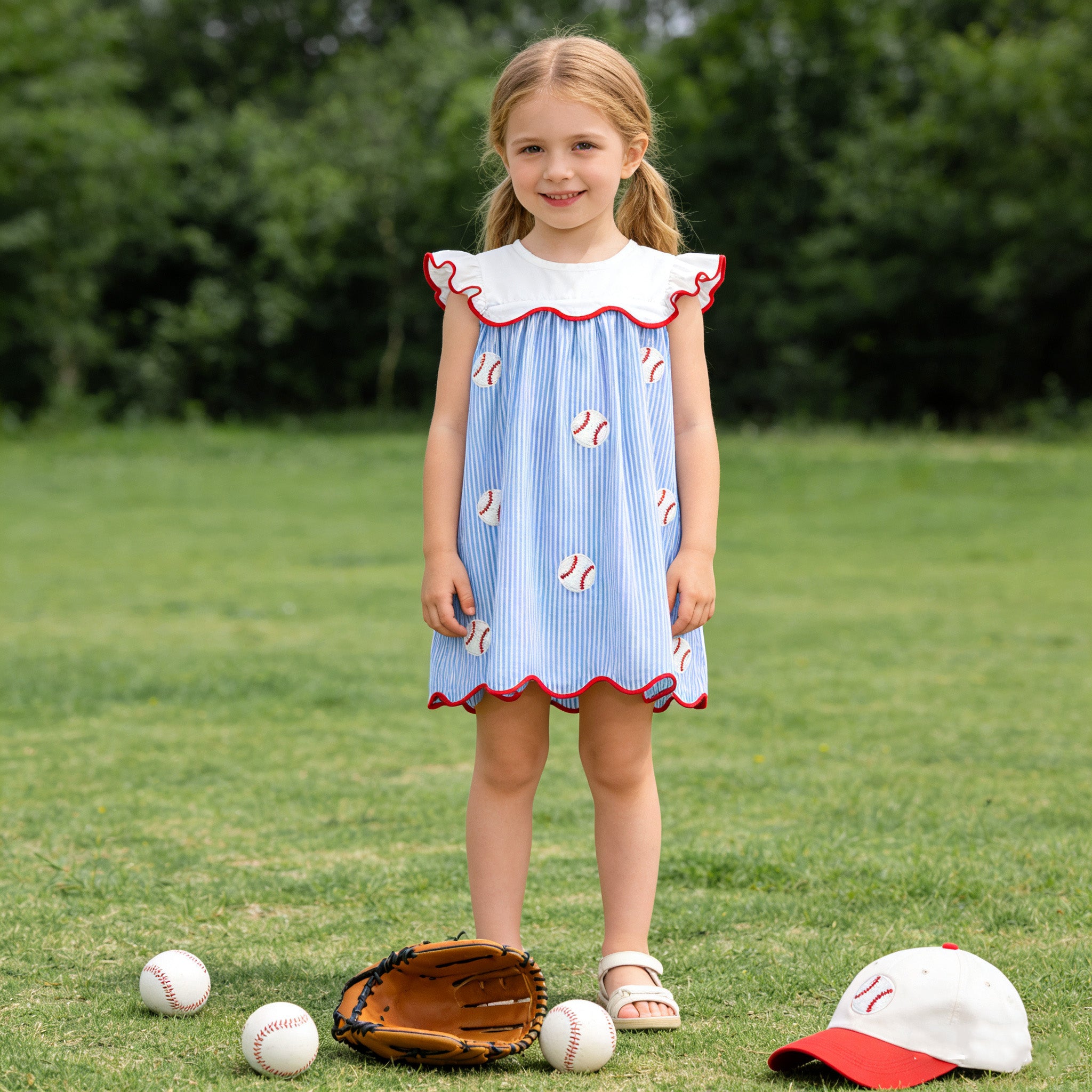 （In Stock）Siblings Spring&Summer Baseball Applique Cotton Dress&Romper