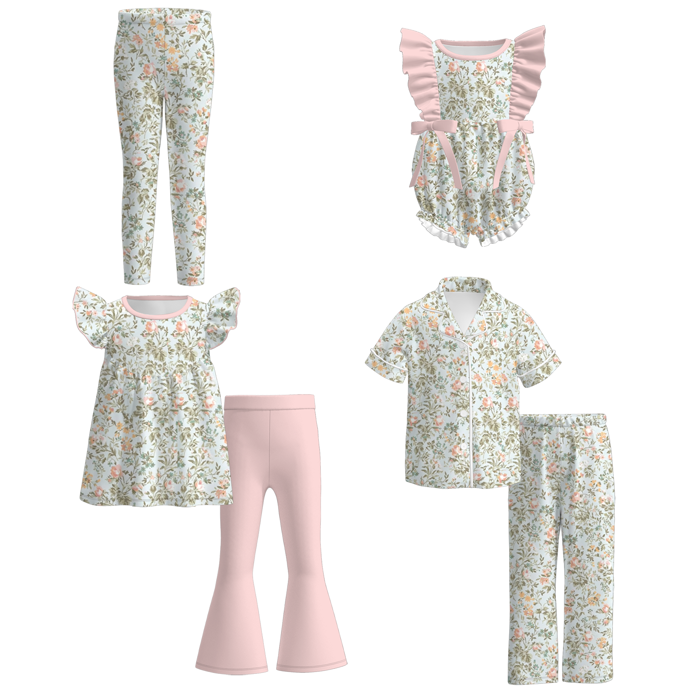 （Pre Order+Prepack Zone）Sisters Fall Pink Floral Print Dress,Set,Pants&Romper