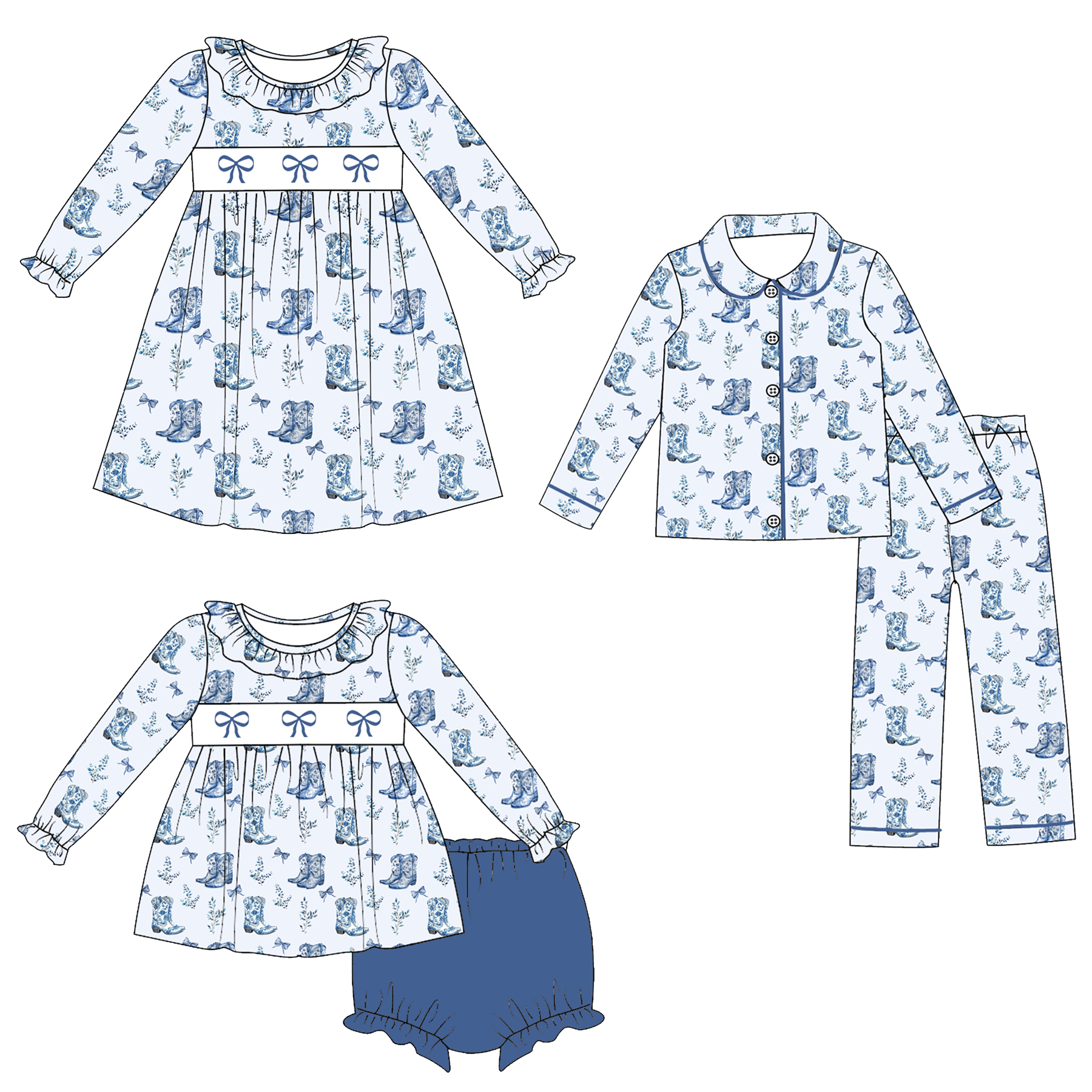 （Pre Order）Family Fall Cowgirl Embroidery Smocked Dress,Pajamas＆Romper