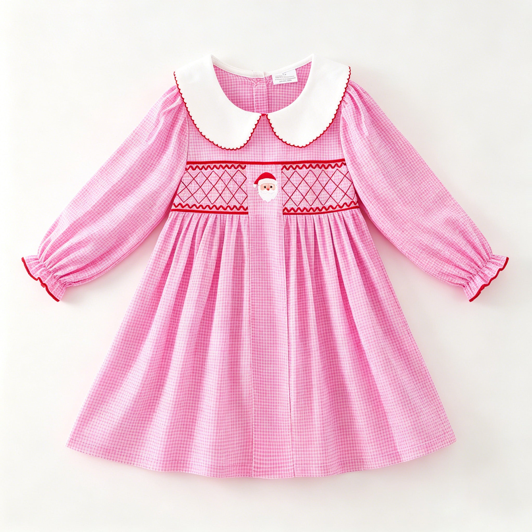 （In Stock）Girls Christmas Embroidery Smocked Cotton Dress