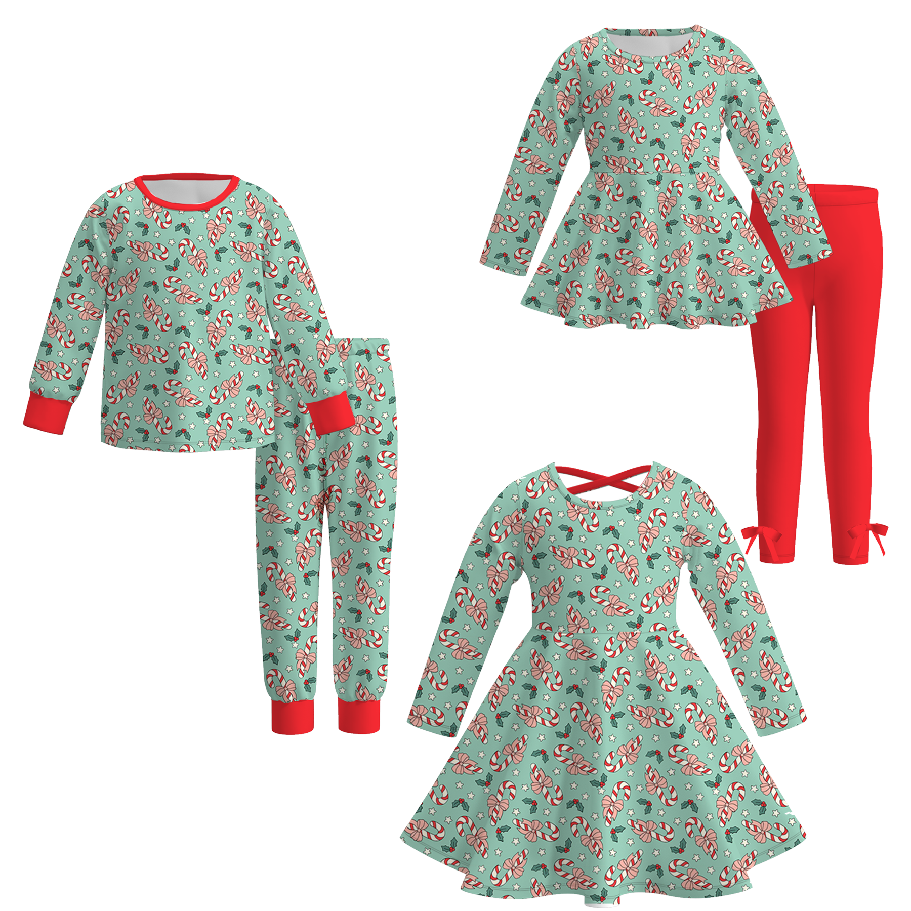 （Pre Order）Girls Christmas Candy Cane Print Dress&Set