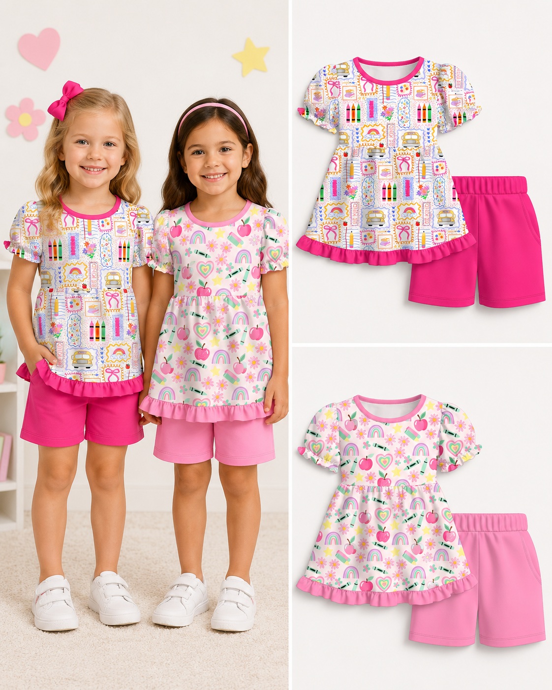 （Pre Order+Prepack Zone）Girls Summer Back To School Print Shorts Set