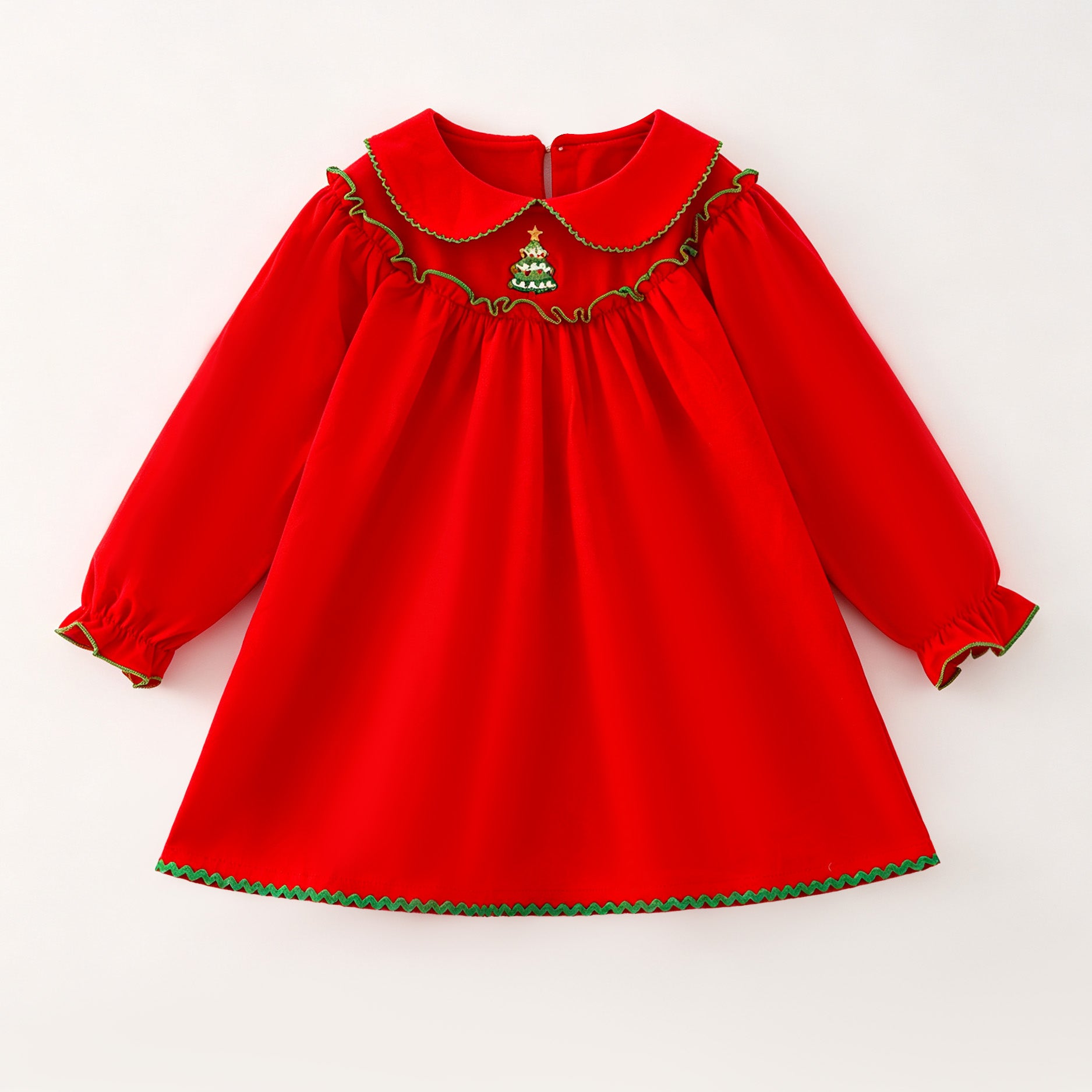 （In Stock）Girls Christmas Tree Embroidery Cotton Dress