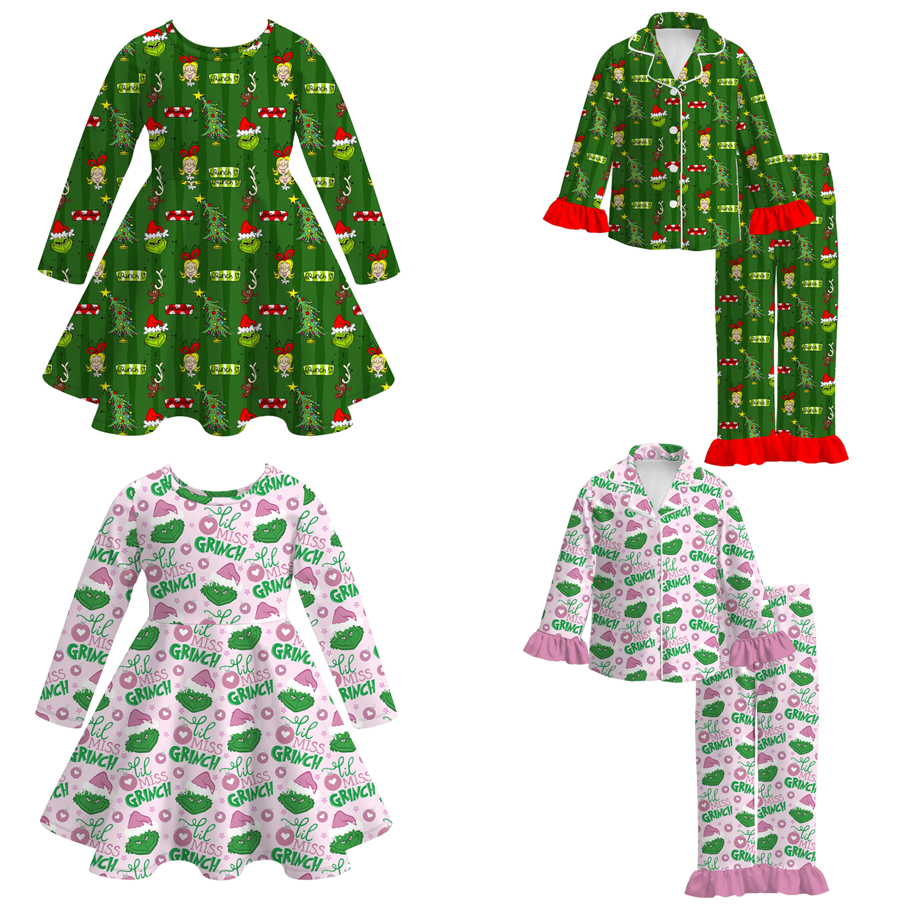 （Pre Order）Girls Christmas Cartoon Print Dress&Pajamas