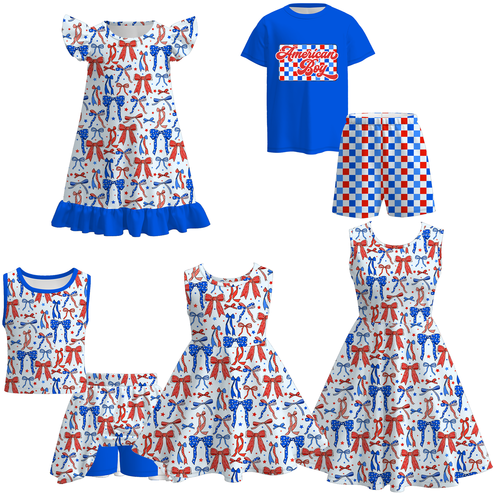 （Pre Order）Mommy and Me Patriotic Bow Print Dress,Set&Pajamas