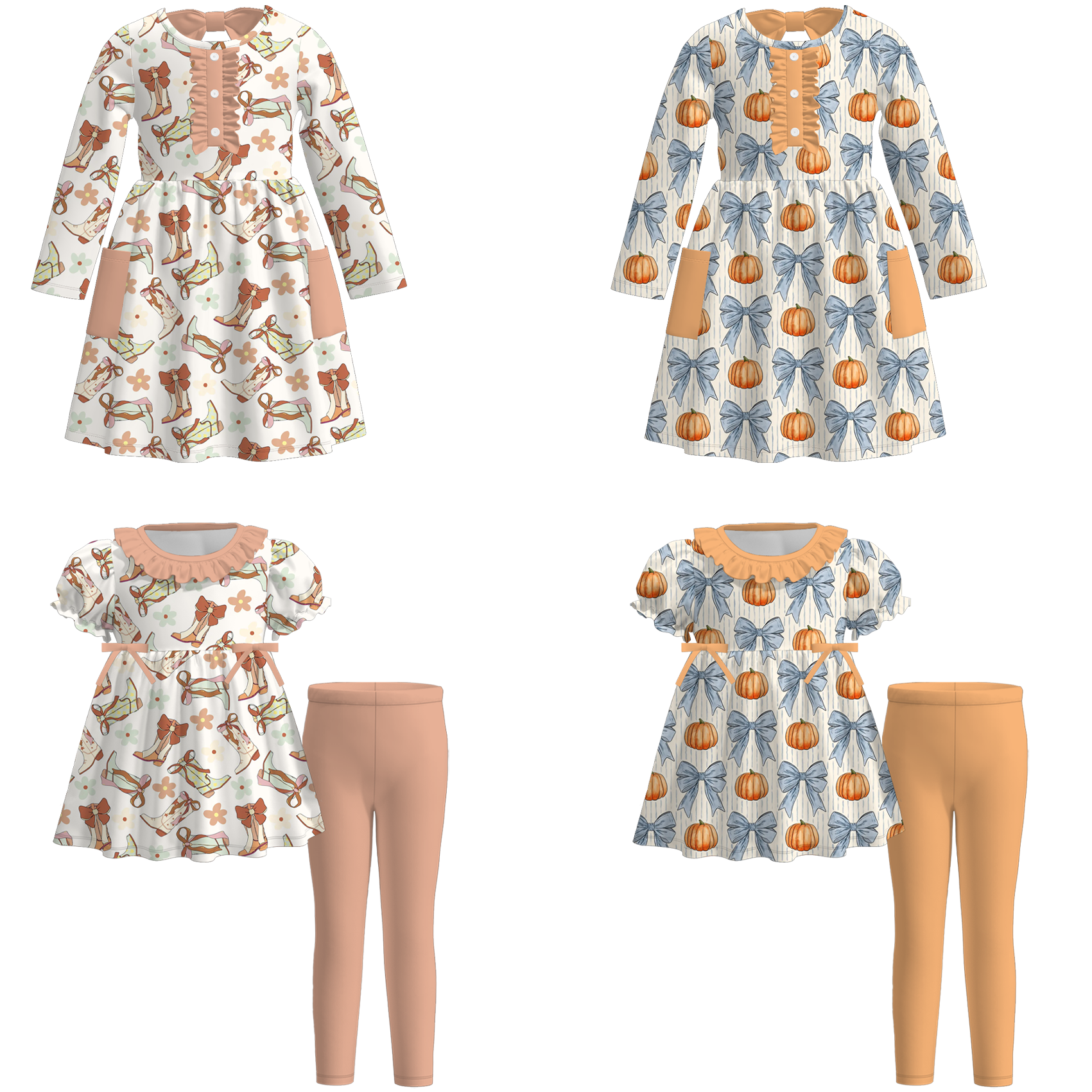 （Pre Order）Girls Fall Boots&Pumpkin Print Dress with Pockets&Set