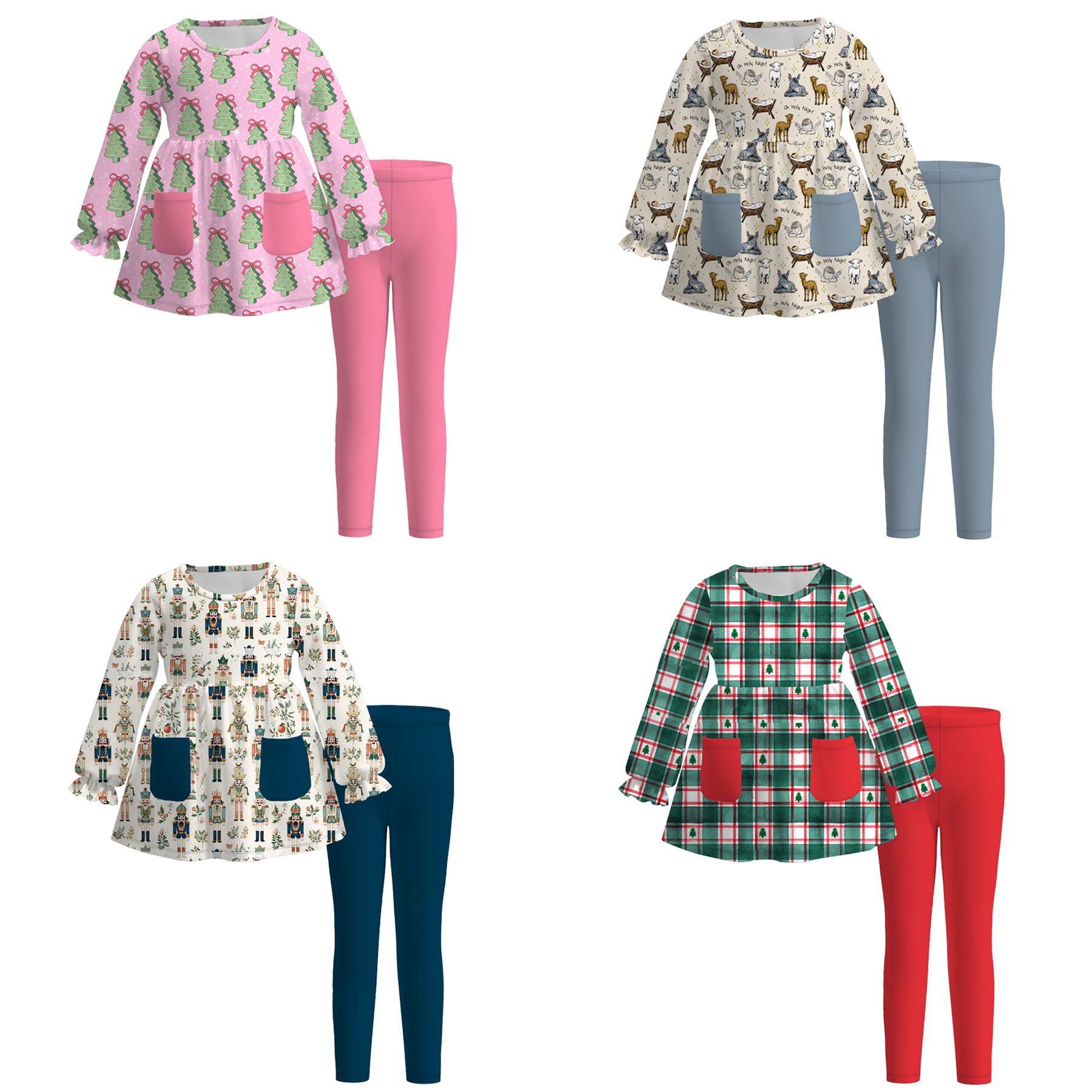 （Pre Order）Girls Christmas Print Outfit Set with Pockets