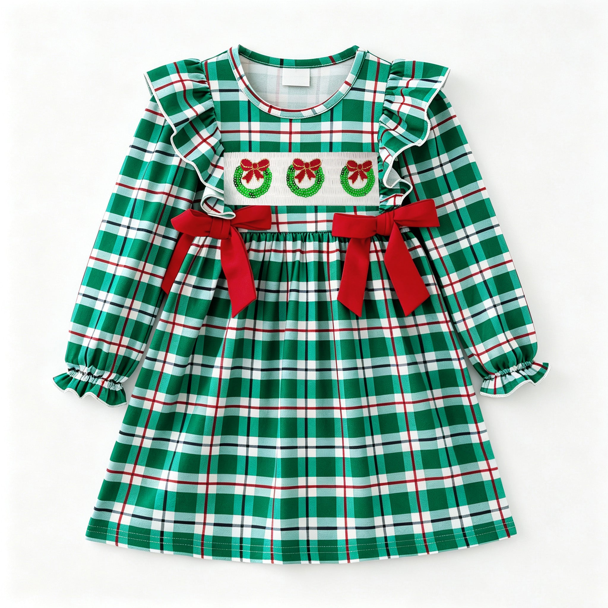 （In Stock）Girls Christmas Embroidery Smocked Dress