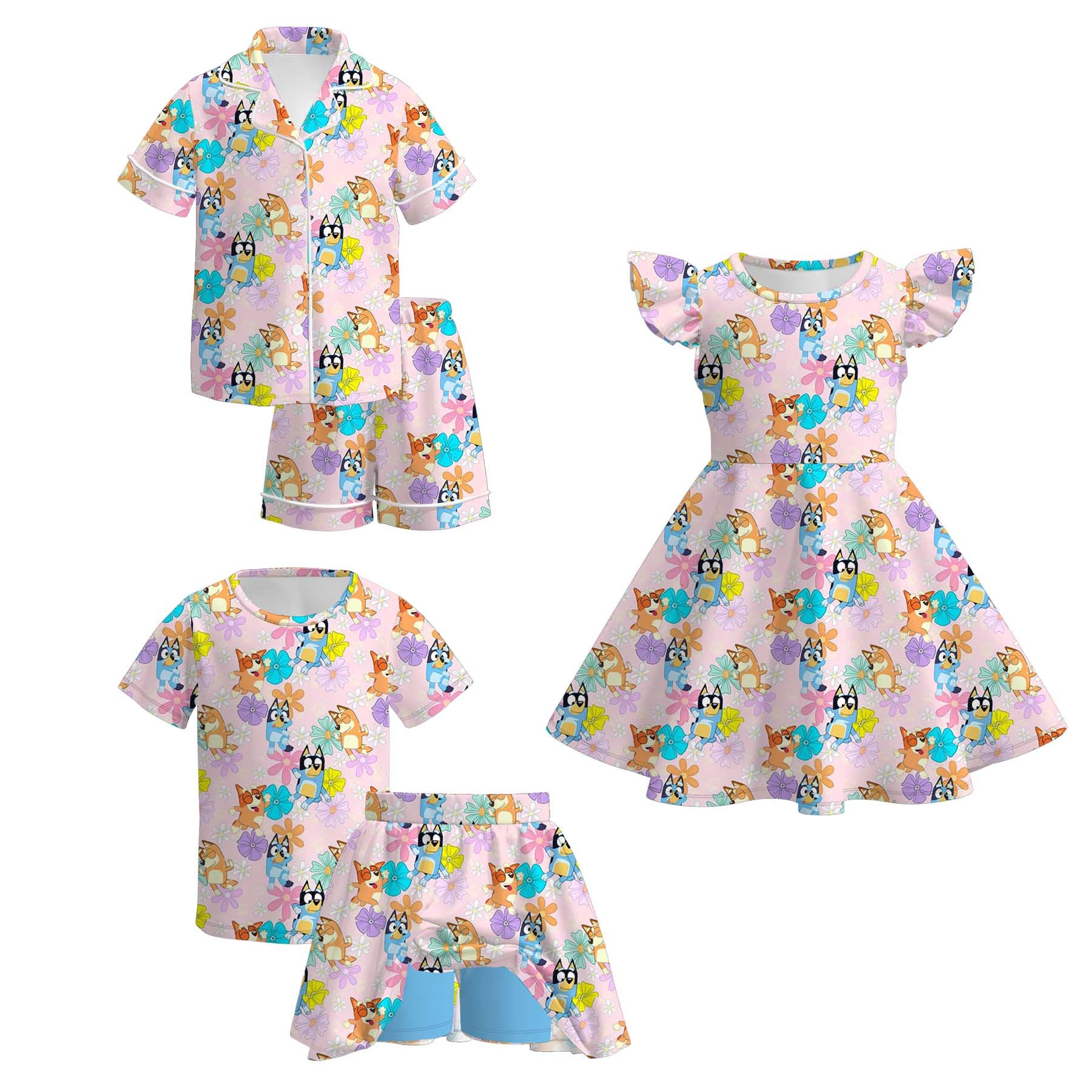 （Pre Order+Prepack Zone）Girls Spring&Summer Blue Dog Print Dress,Set&Pajamas