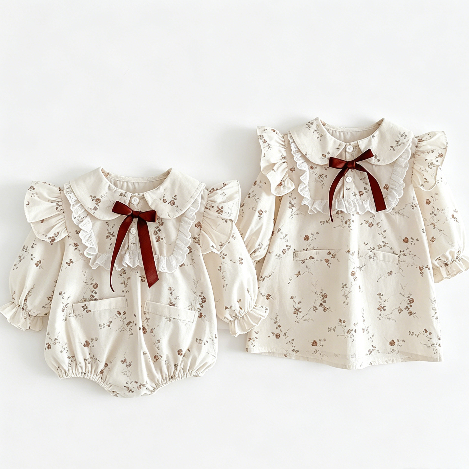 （In Production）Sisters Fall Floral Print Bow Ruffle Dress&Romper