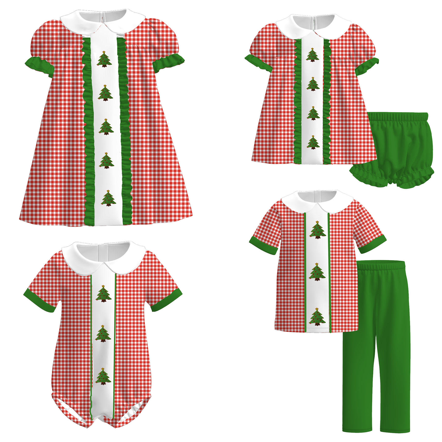 （Pre Order）Siblings Christmas Tree Embroidery Dress,Set&Romper