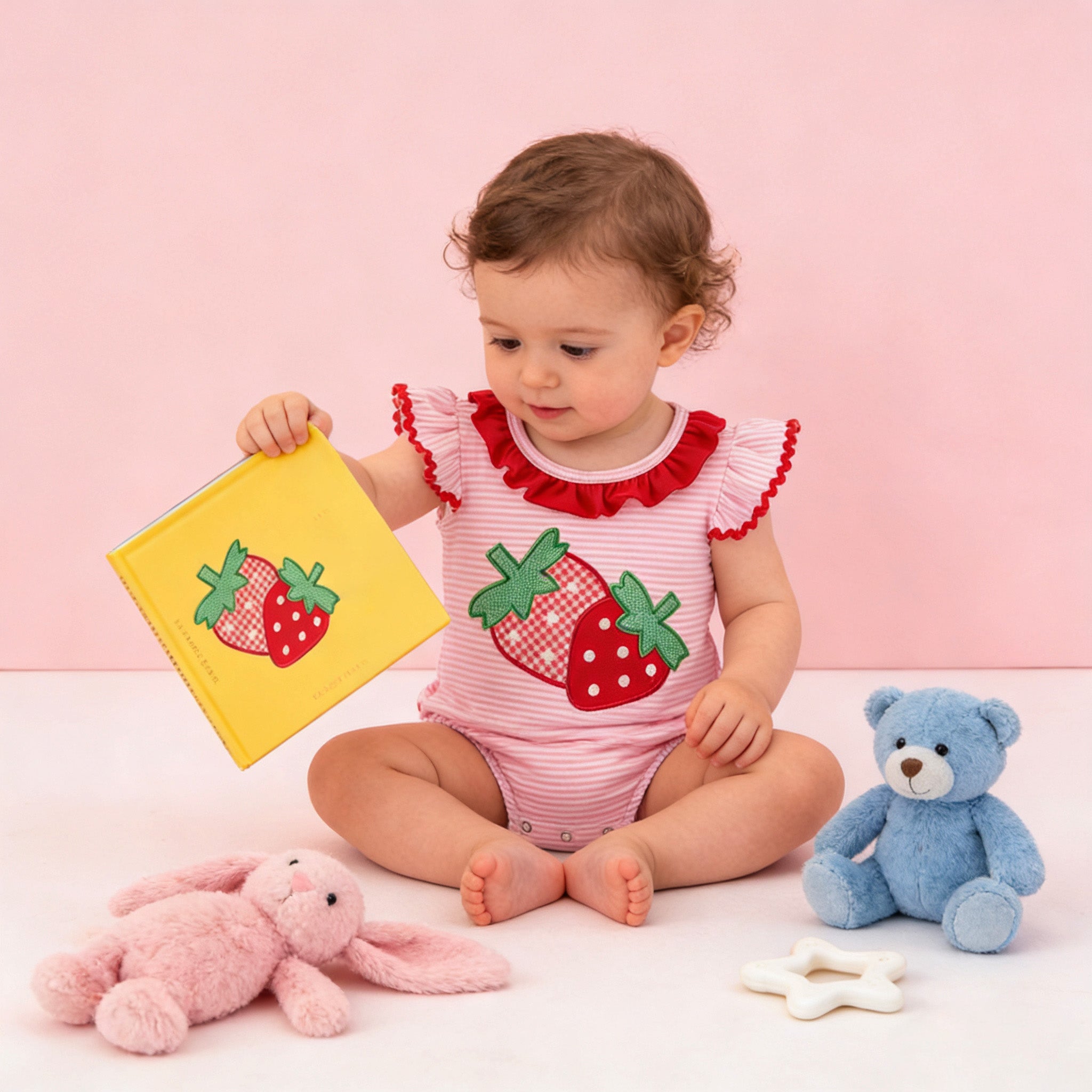 （In Stock）Toddler Girls Spring&Summer Strawberry Applique Cotton Romper