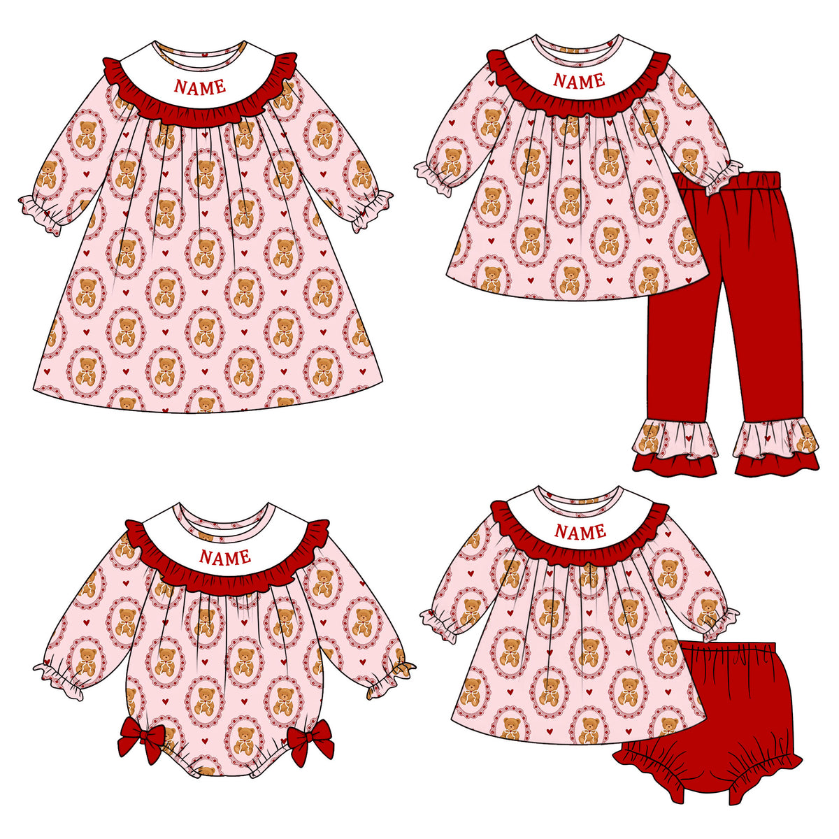 （Pre Order）Sisters Valentine's Day Embroidery Smocked Dress,Set&Romper