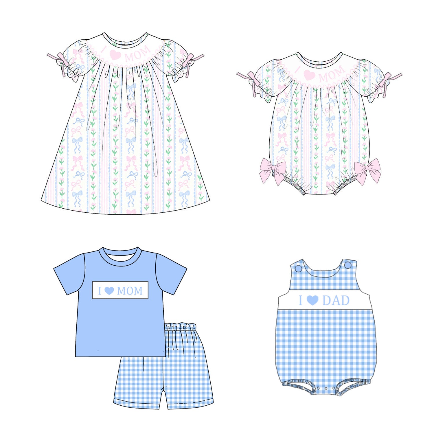 （Pre Order）Siblings Spring&Summer I♥MOM Embroidery Smocked Dress,Set&Romper