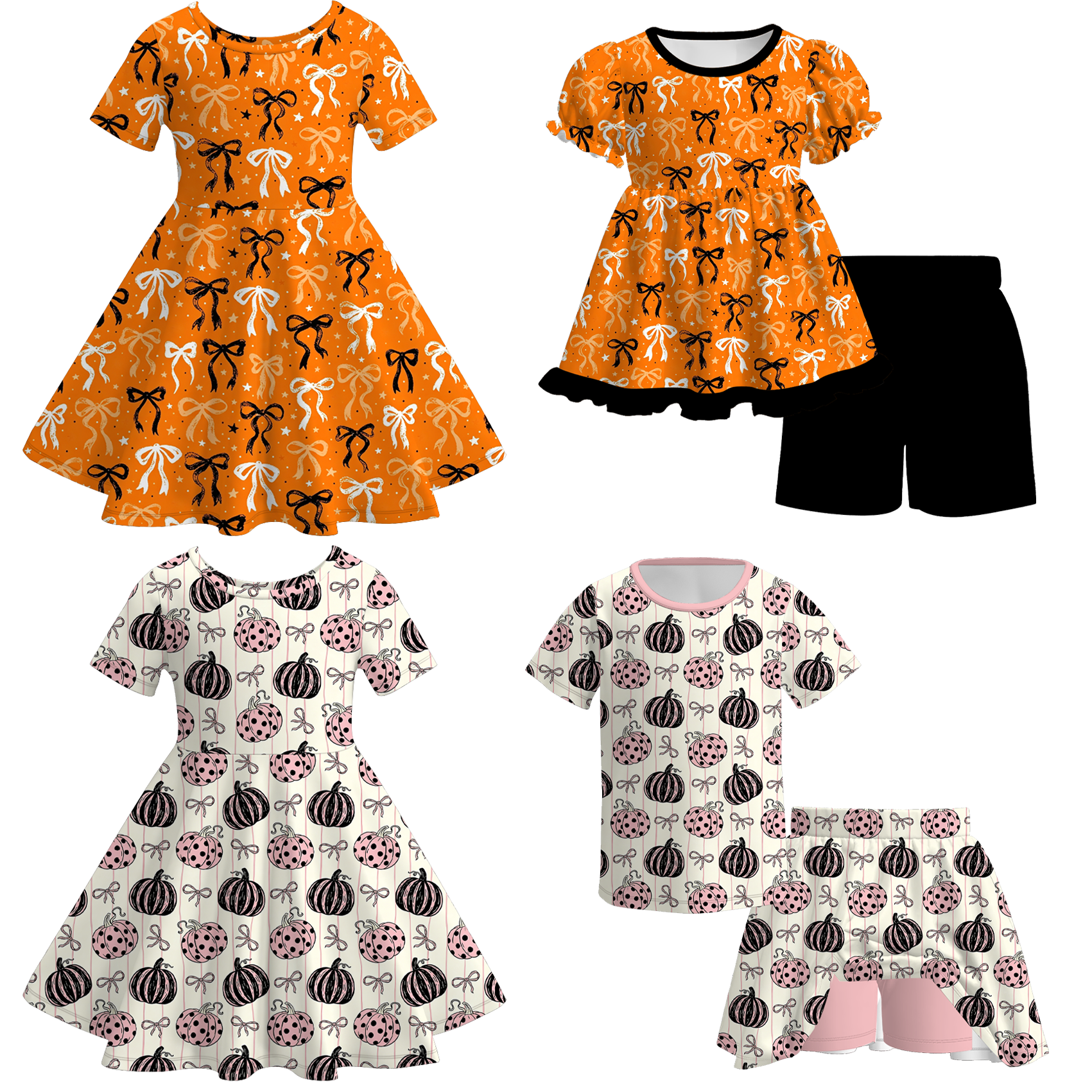 （Pre Order）Girls Halloween Bow&Pumpkin Print Dress,Set