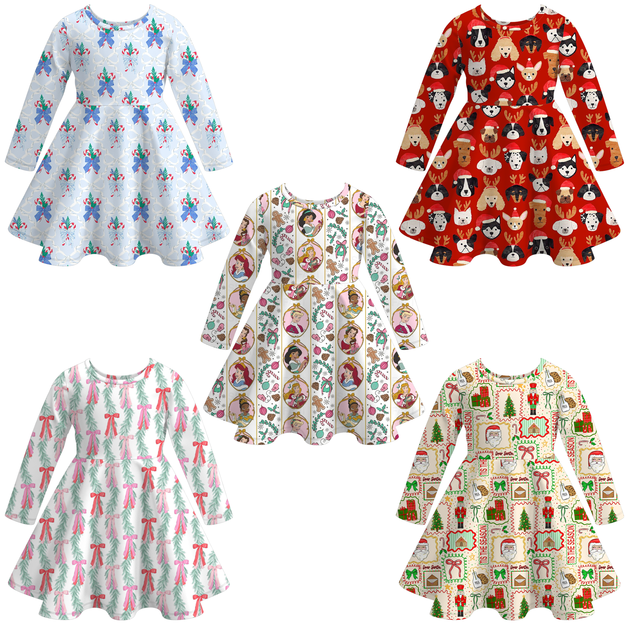 （Pre Order）Girls Christmas Cartoon Print Long Sleeves Dress