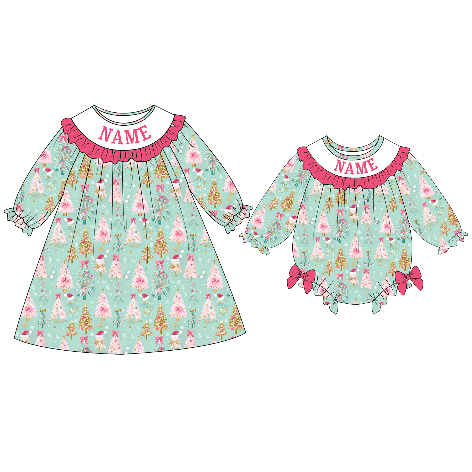 （Pre Order）Sisters Christmas Tree Embroidery Smocked Dress&Romper