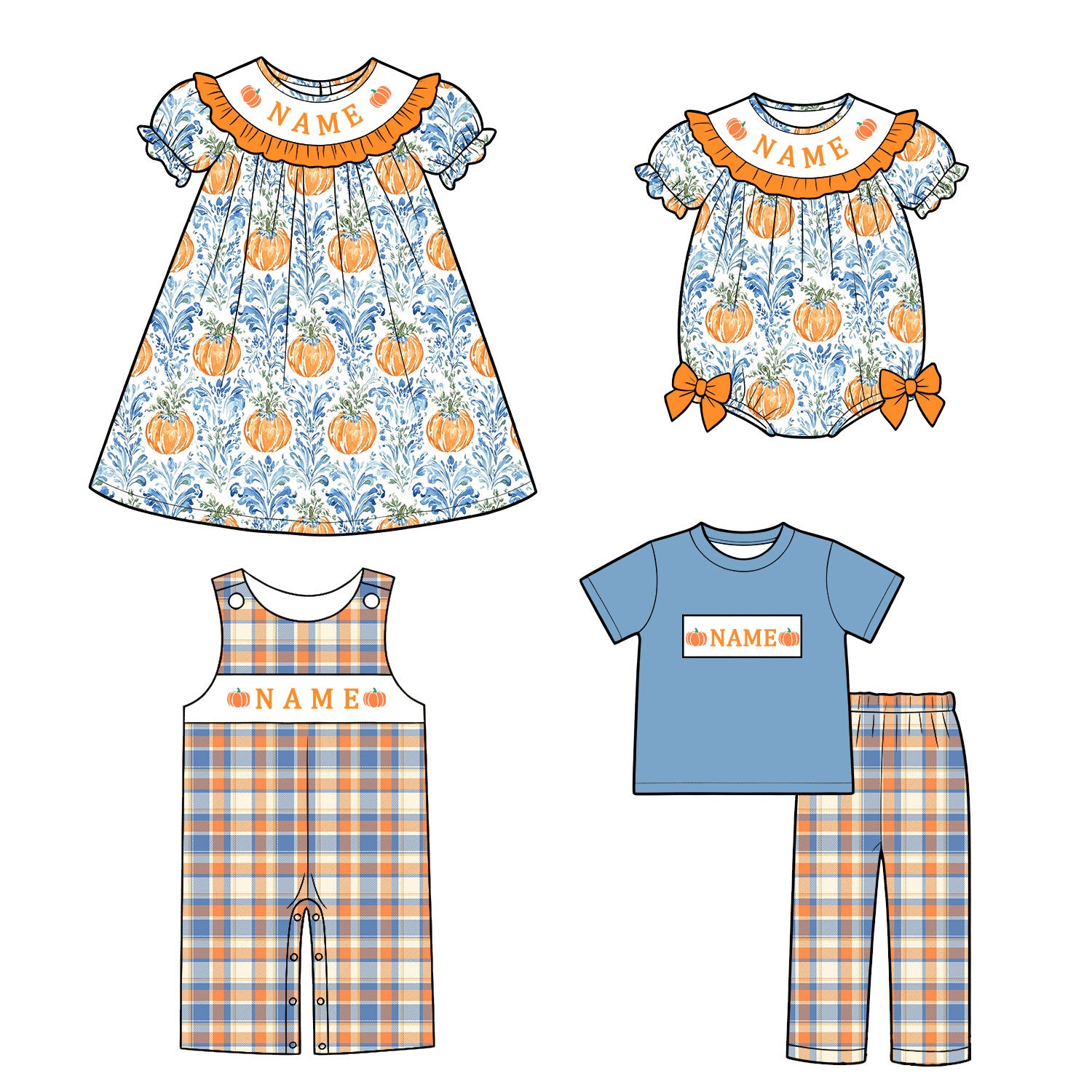 （Pre Order）Siblings Pumpkin Embroidery Smocked Dress,Set&Romper