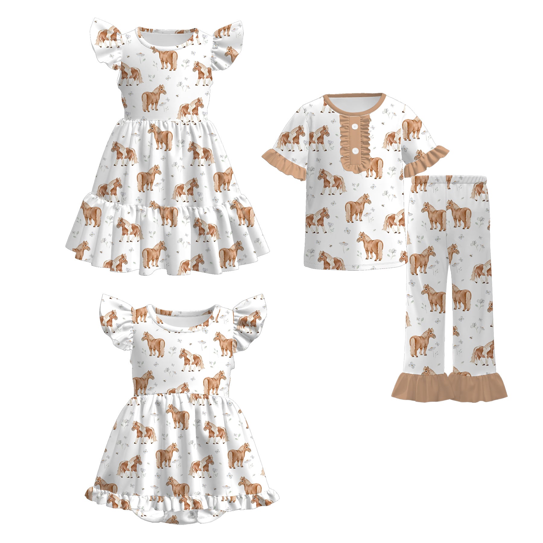 （Pre Order）Family Fall Horse Print Dress,Pajamas,Romper