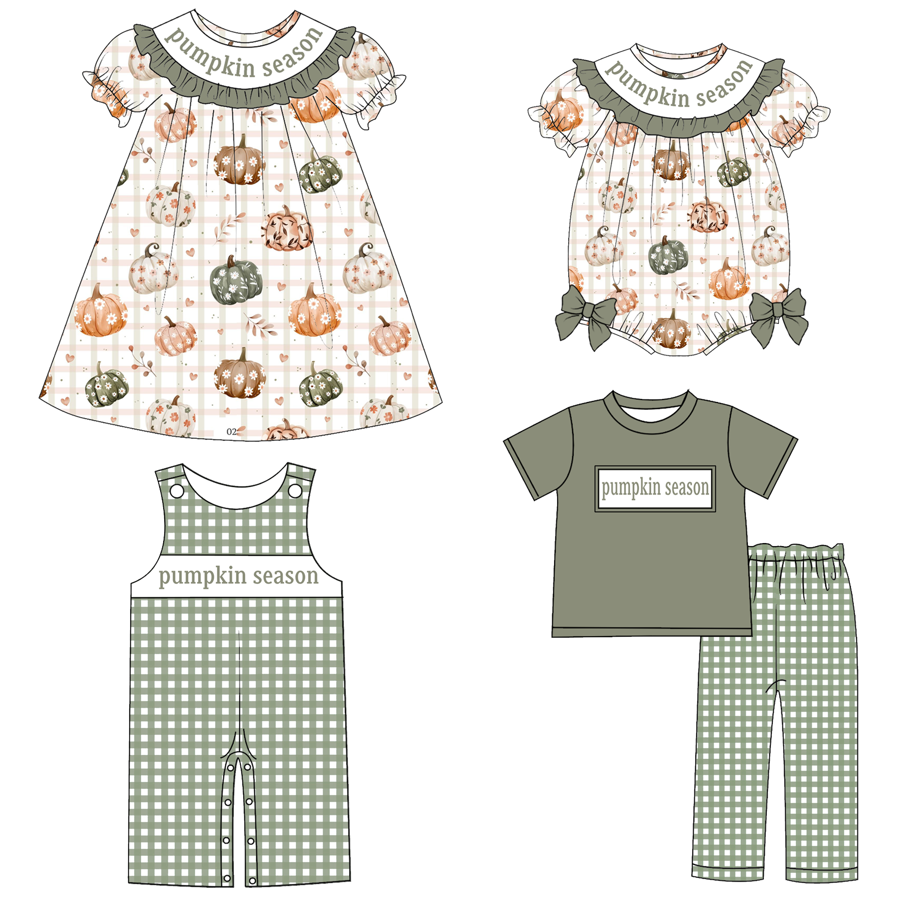 （Pre Order）Sibling Halloween Pumpkin Season Embroidery Smocked Dress,Romper＆Set