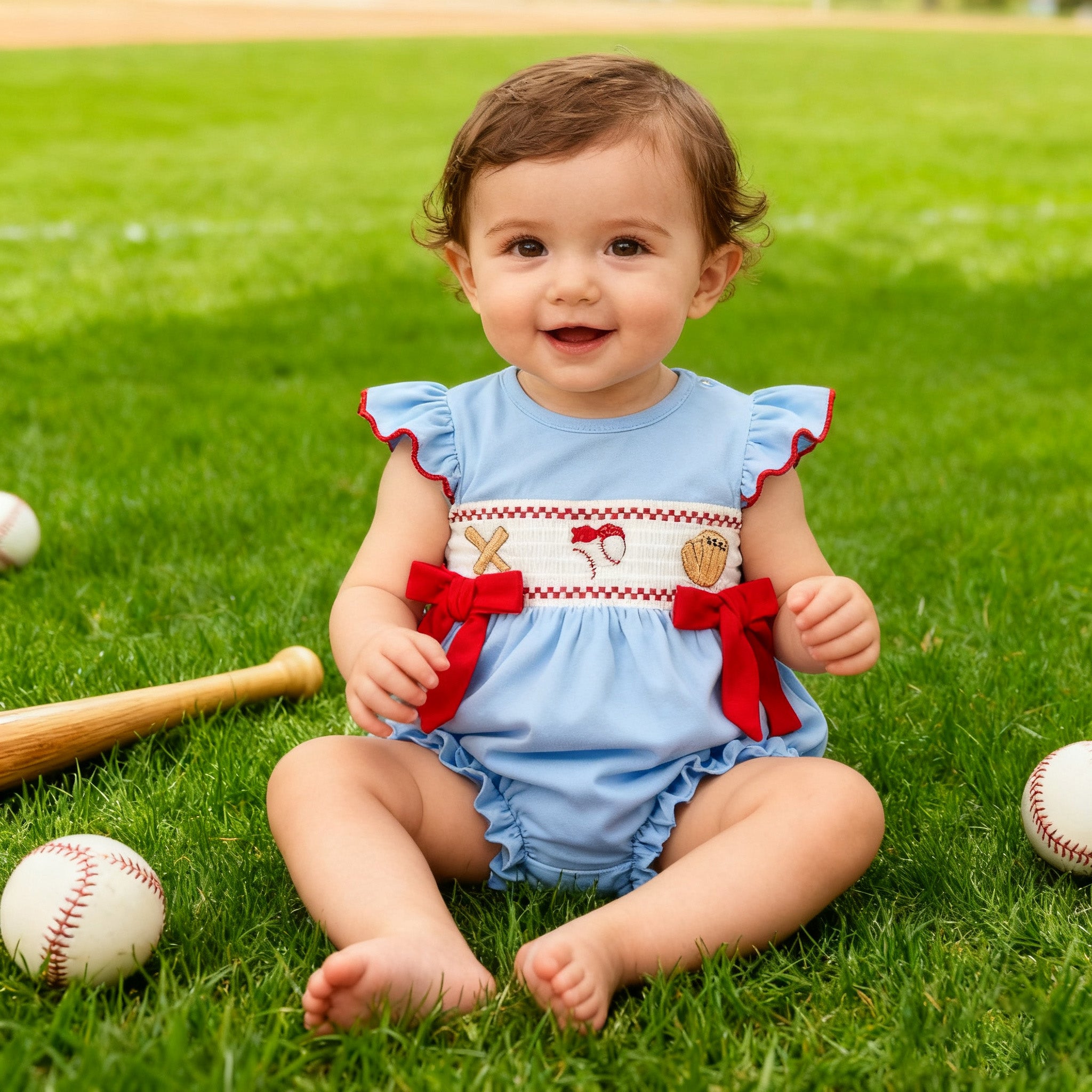 （In Stock）Toddler Girls Baseball Embroidery Smocked Romper