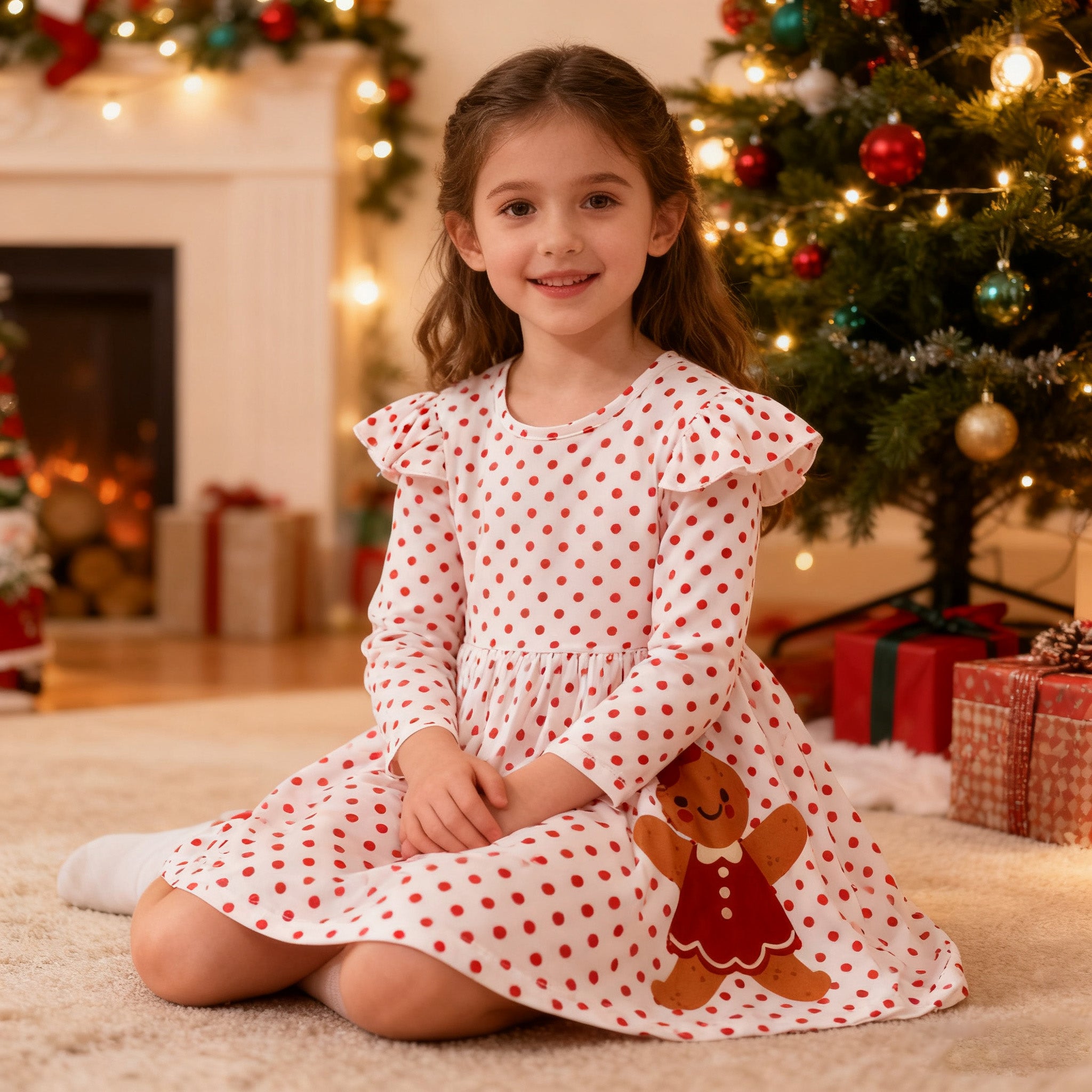 （In Stock）Girls Christmas Gingerbread Print Dress