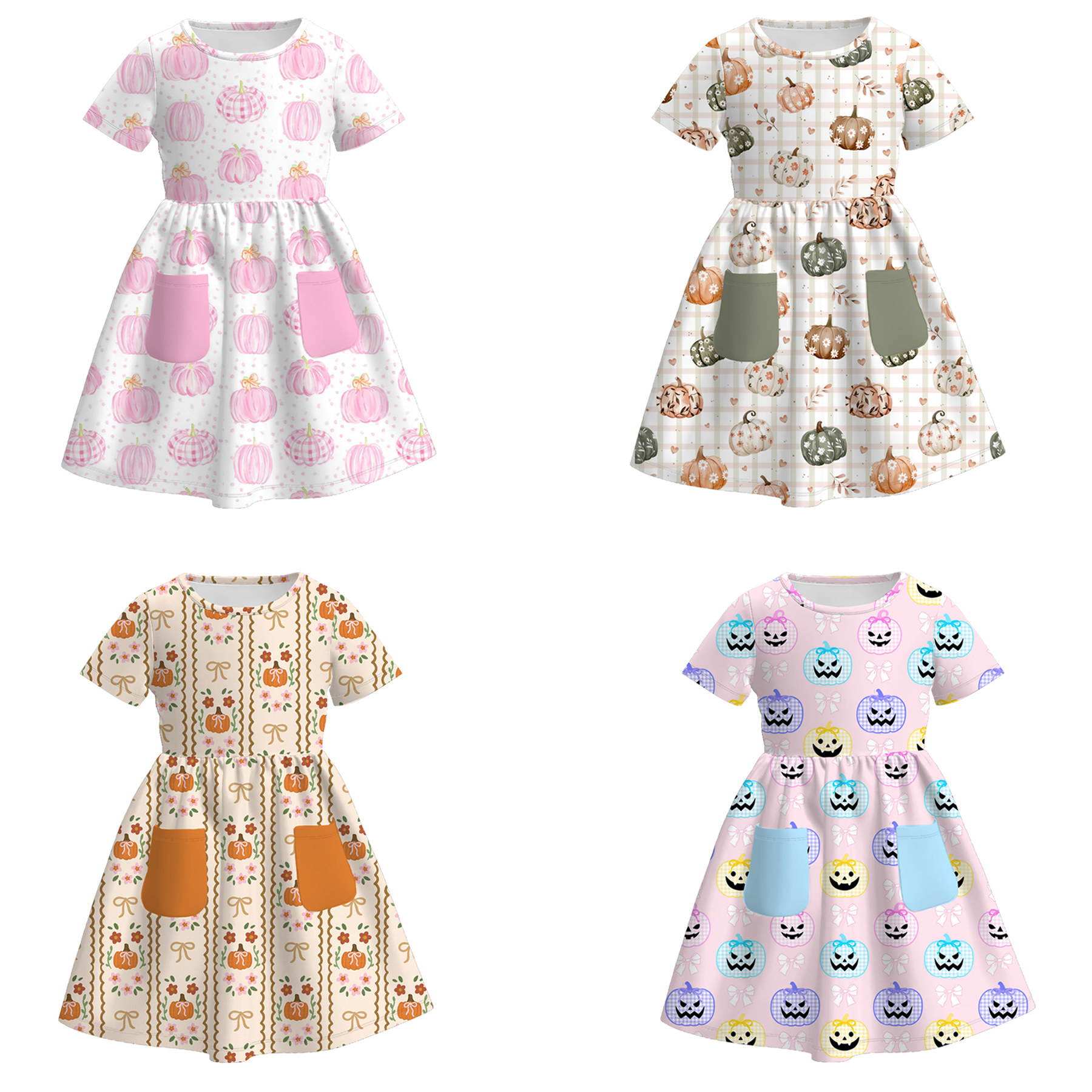 （Pre Order）Girls Fall Pumpkin Print Dress with Pockets
