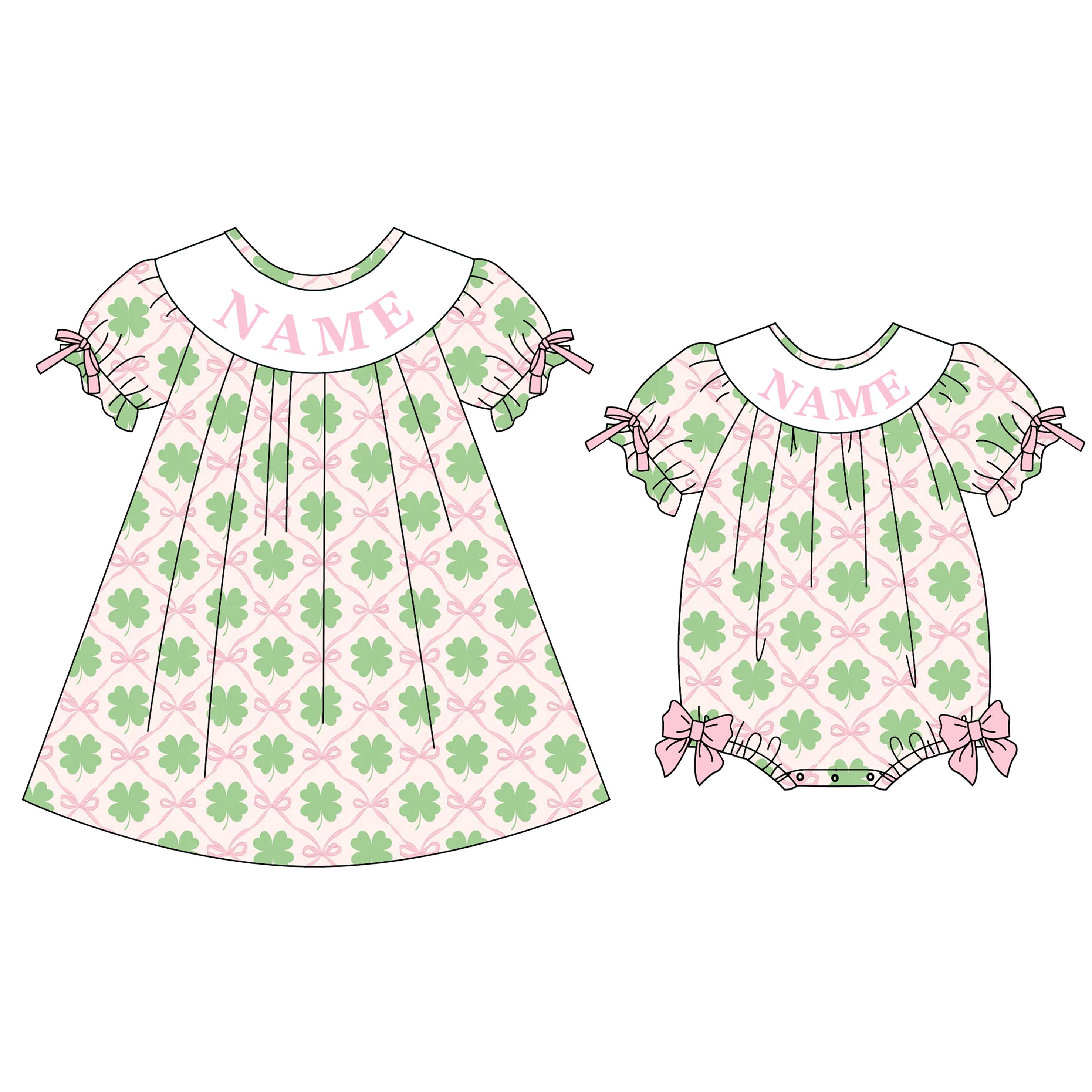 （Pre Order）Sisters St. Patrick's Day Shamrock Embroidery Smocked Dress&Romper