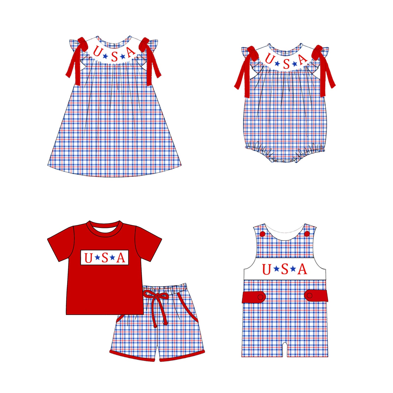 （Pre Order）Siblings Patriotic Embroidery Smocked Dress,Set&Romper
