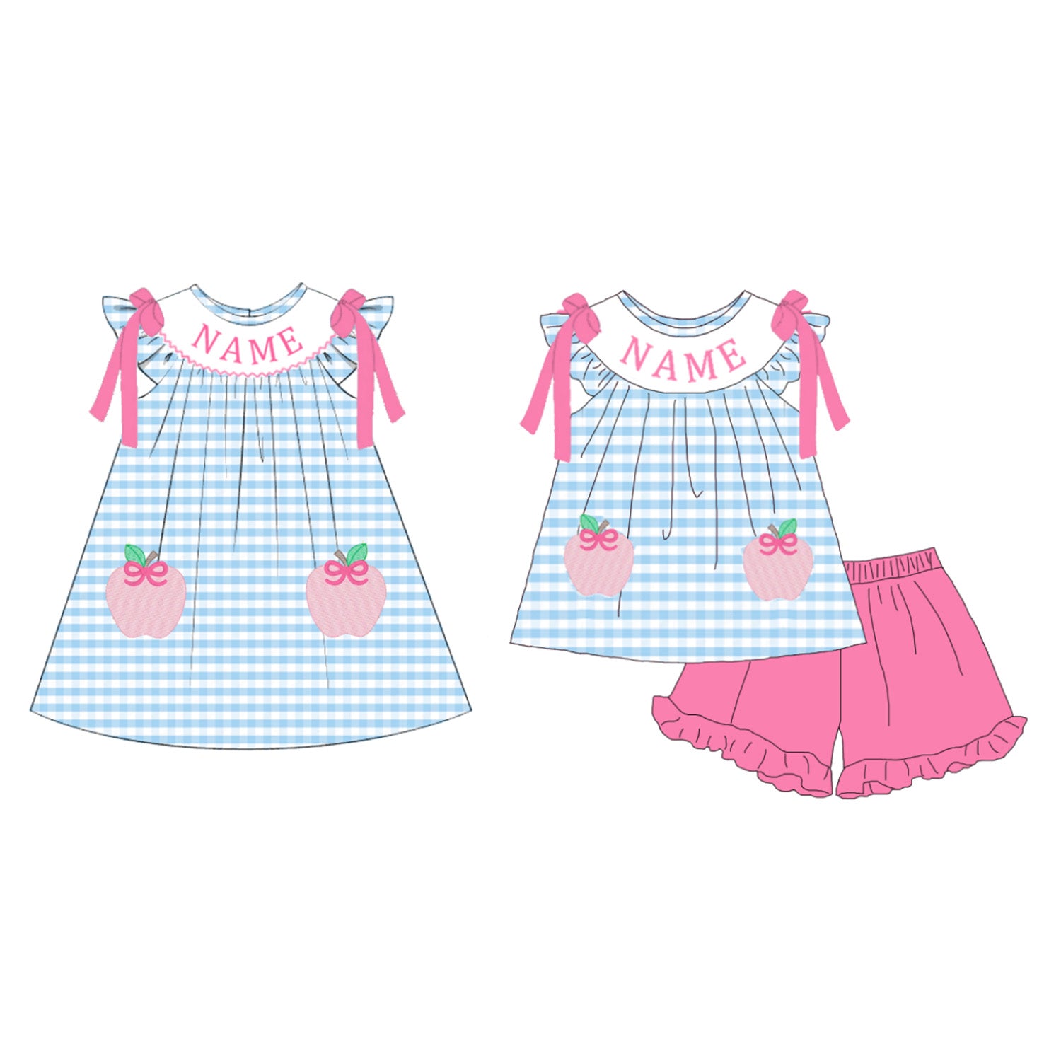 （Pre Order）Sisters Summer Back To School Embroidery Smocked Dress&Set-Customized name