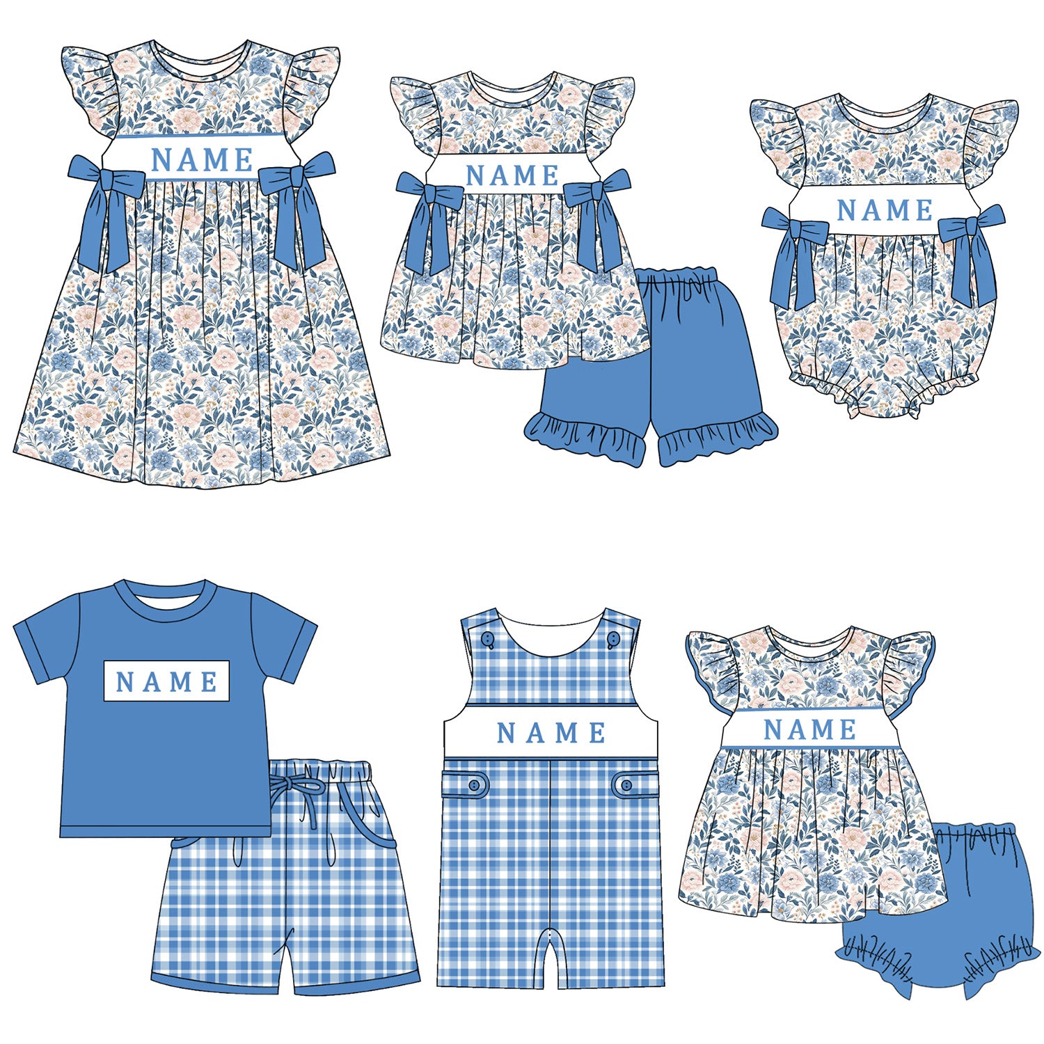 （Pre Order）Siblings Spring&Summer Floral Embroidery Smocked Dress,Set&Romper-Customized name