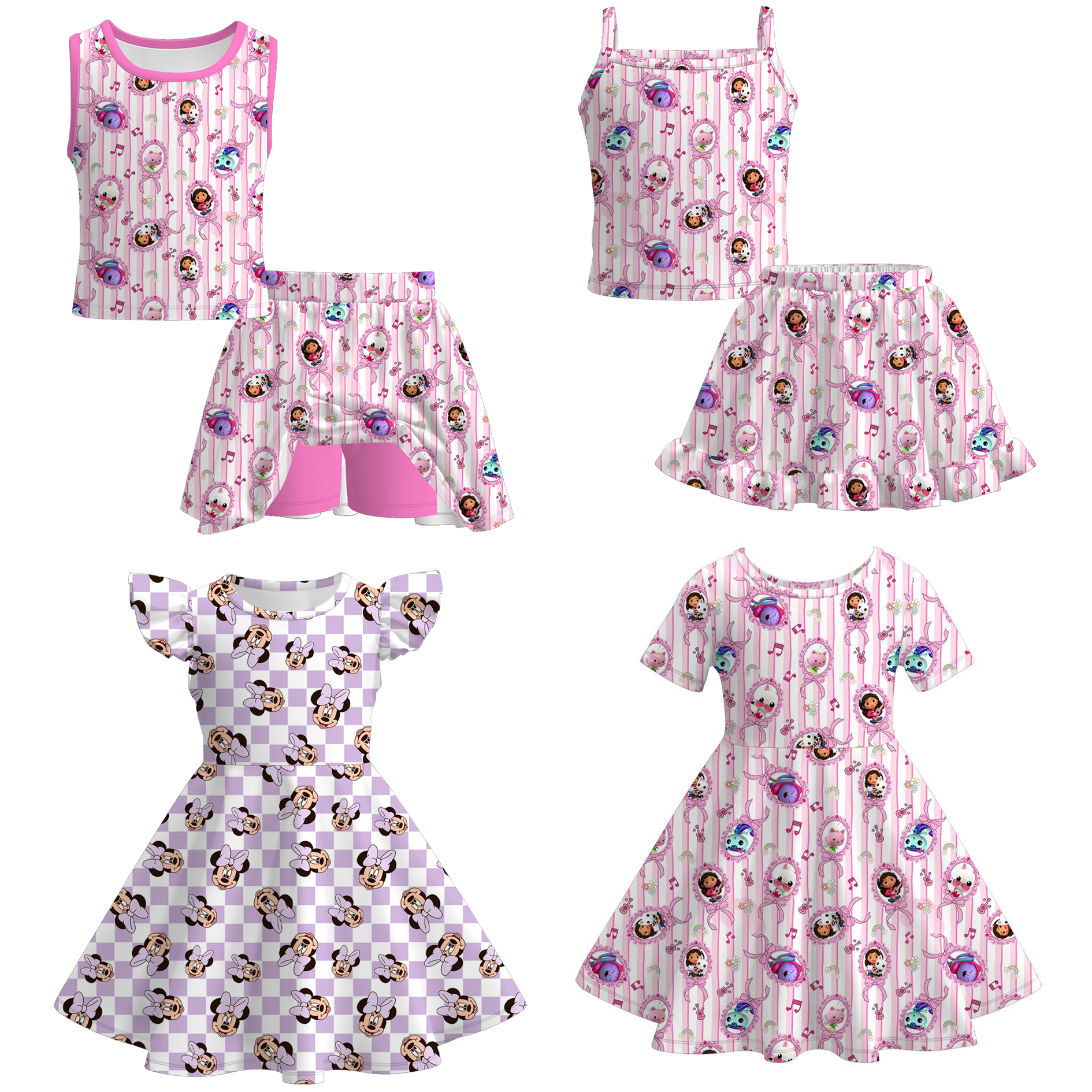 （Pre Order+Prepack Zone）Girls Summer Cartoon Print Dress&Skort Set（Mix Size）