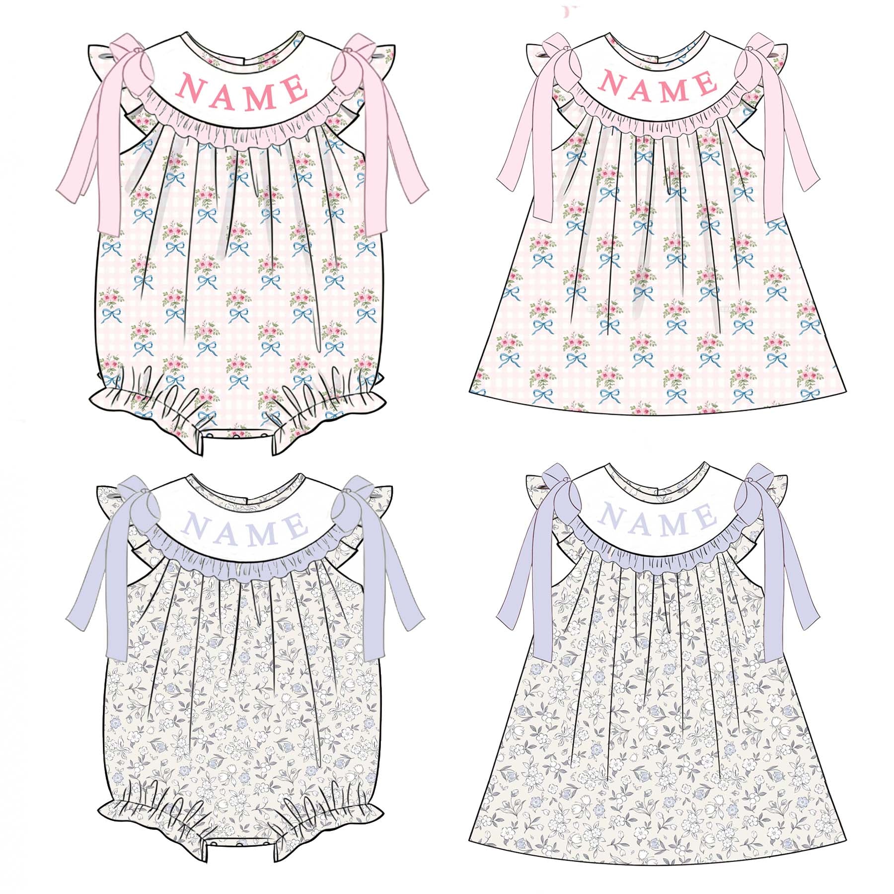 （Pre Order）Sisters Spring&Summer Floral Embroidery Smocked Dress&Romper-Customized Name
