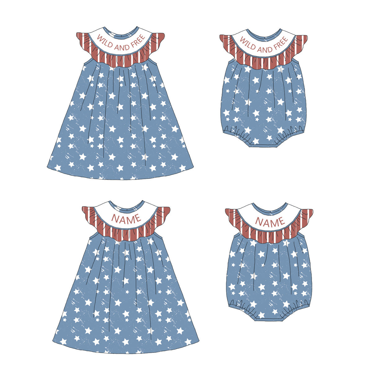 （Pre Order）Sisters Patriotic Embroidery Smocked Dress＆Romper