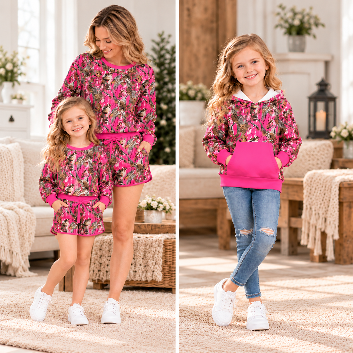 Girl and woman in matching pink camo sweatshirt and shorts sets; girl in pink camo hoodie, jeans, and white sneakers.