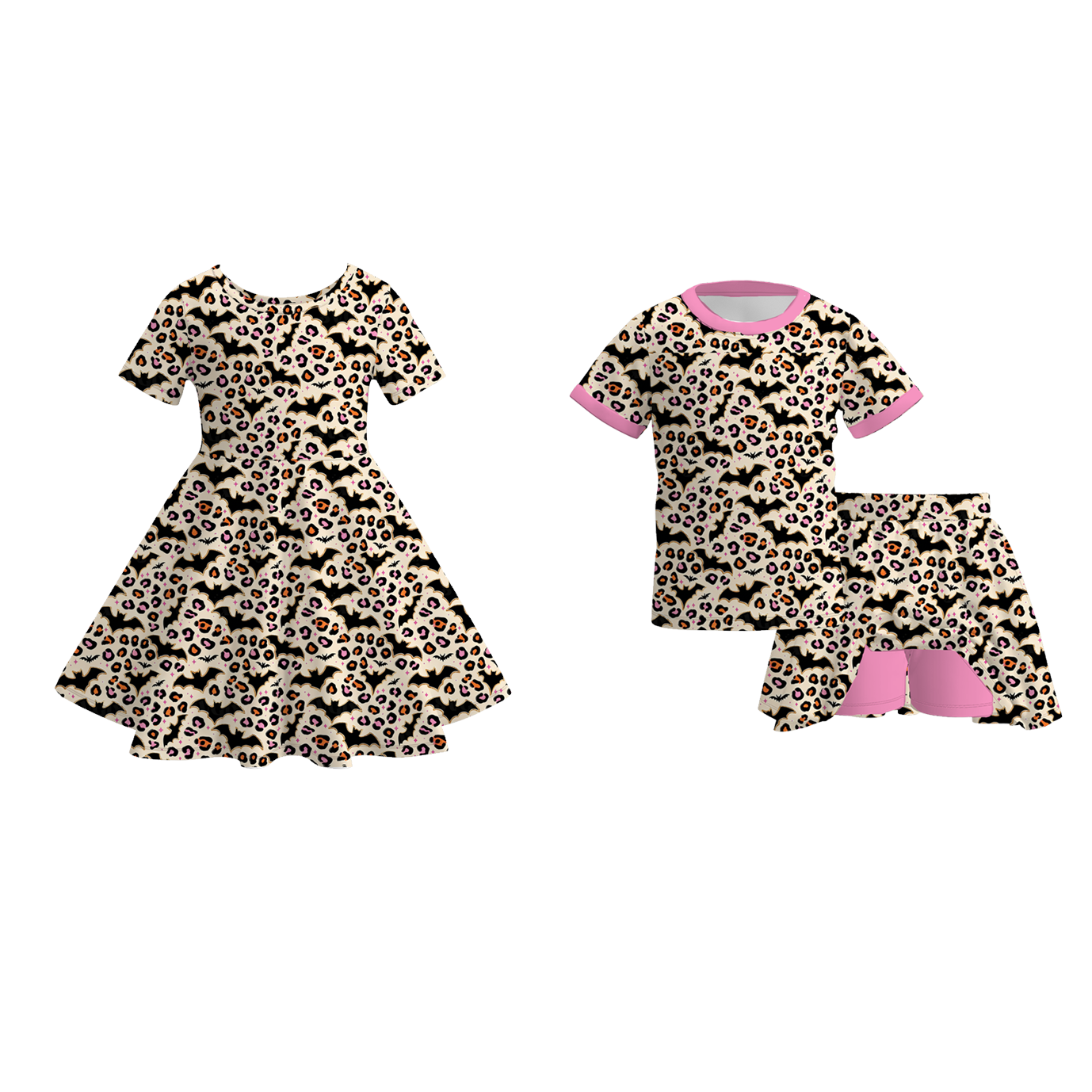 （Pre Order）Girls Halloween Bat Print Dress,Set