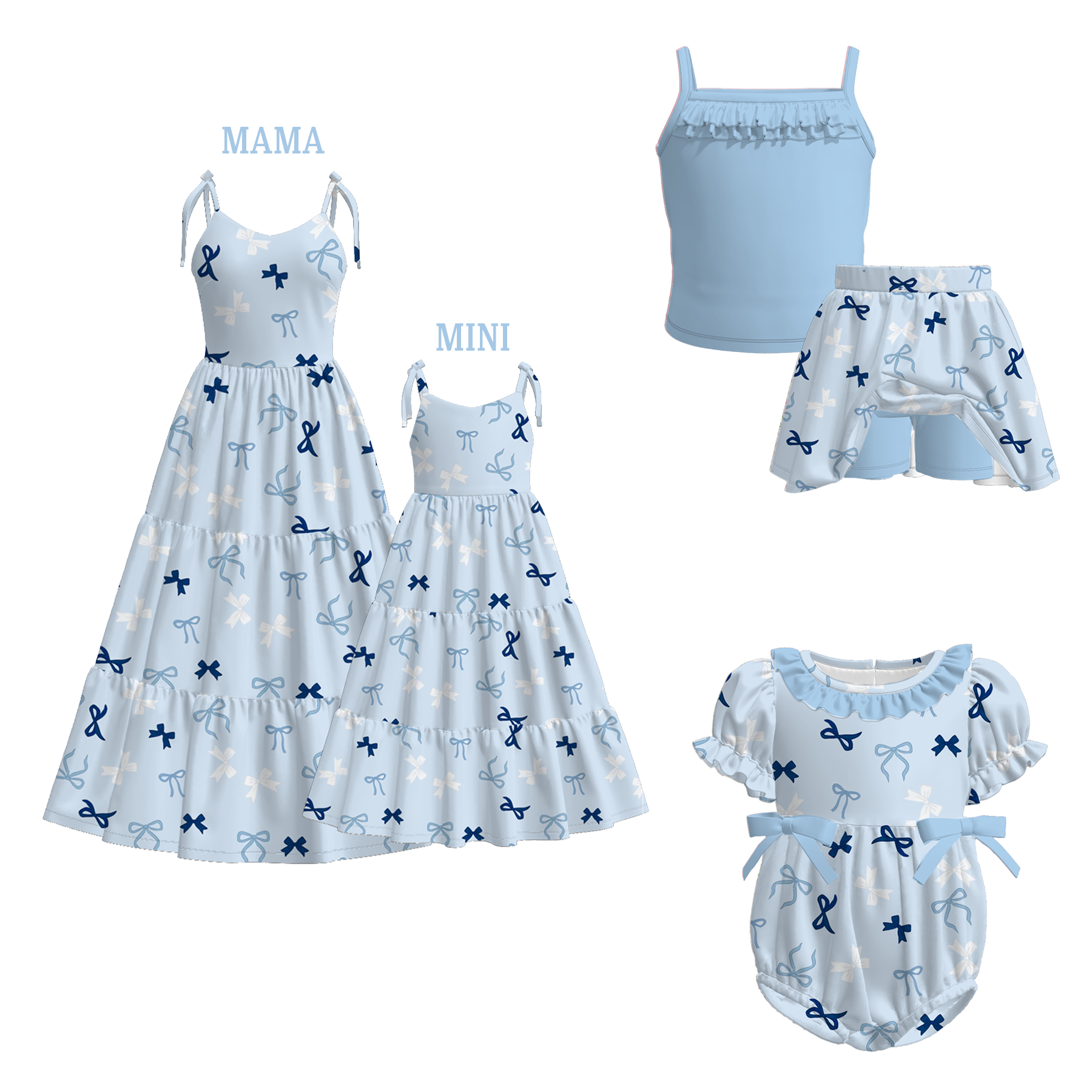 （Pre Order）Mommy and Me Summer Blue Bow Print MAXI Dress,Set＆Romper