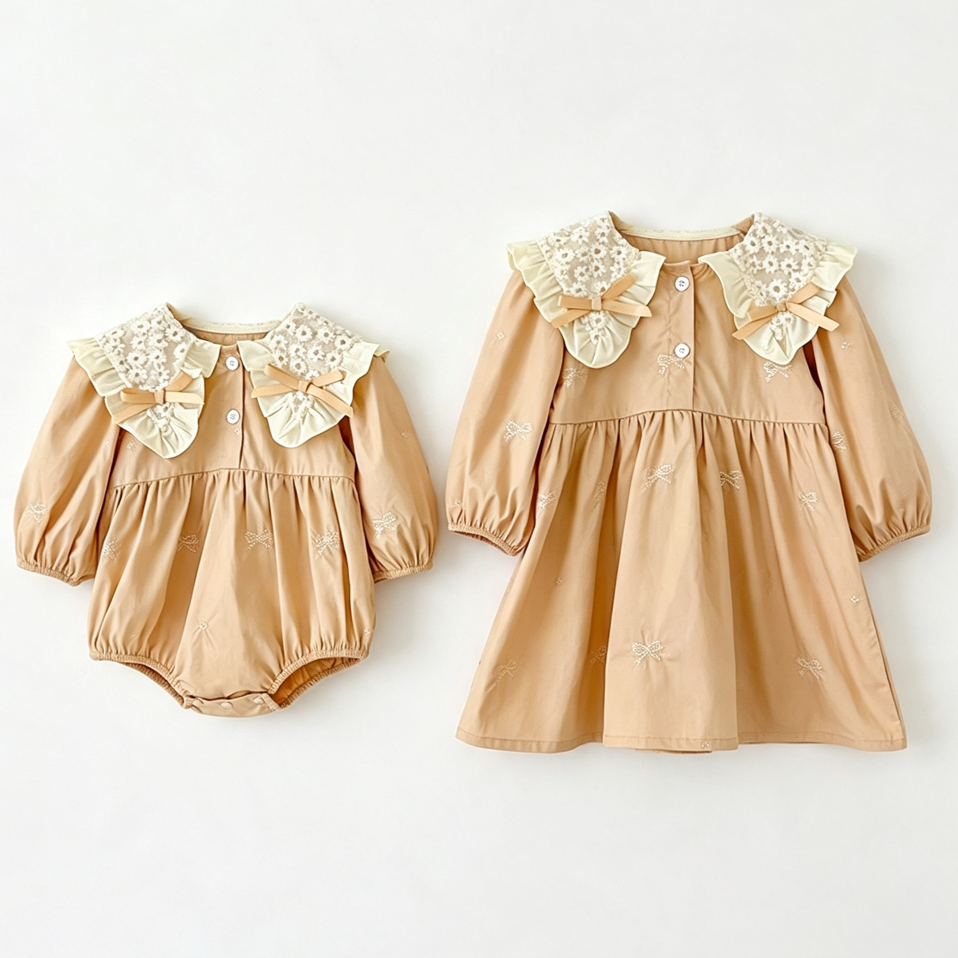 （Pre Order 2 Weeks）Sisters Fall Bow Embroidery Collar Dress&Romper