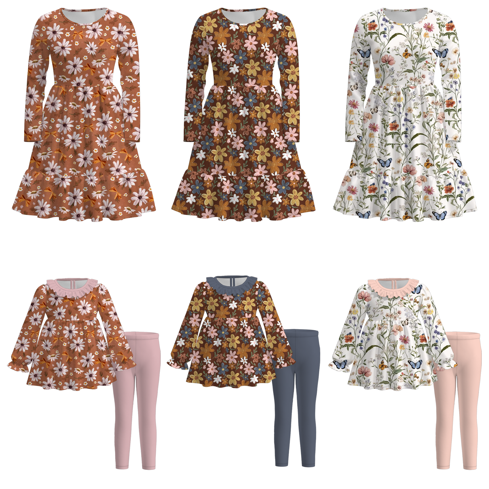 （Pre Order）Mommy and Me Fall&Winter Floral Print Dress,Set