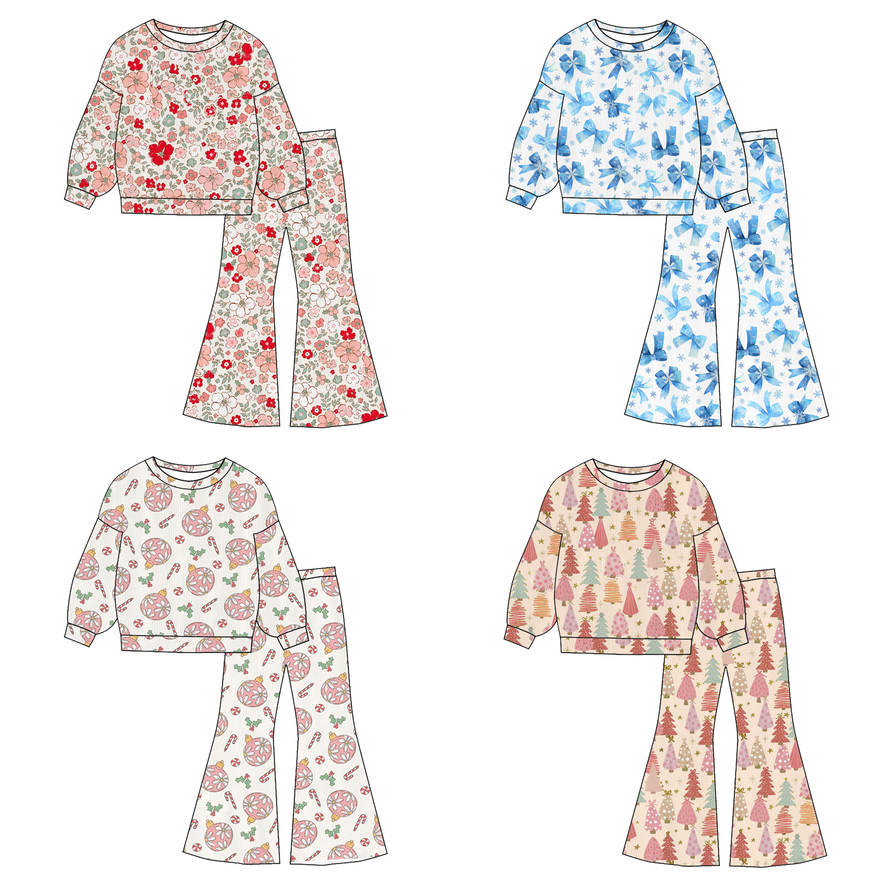 （Pre Order）Girls Christmas Tree&Bow Print Twill Sweatshirt Suit