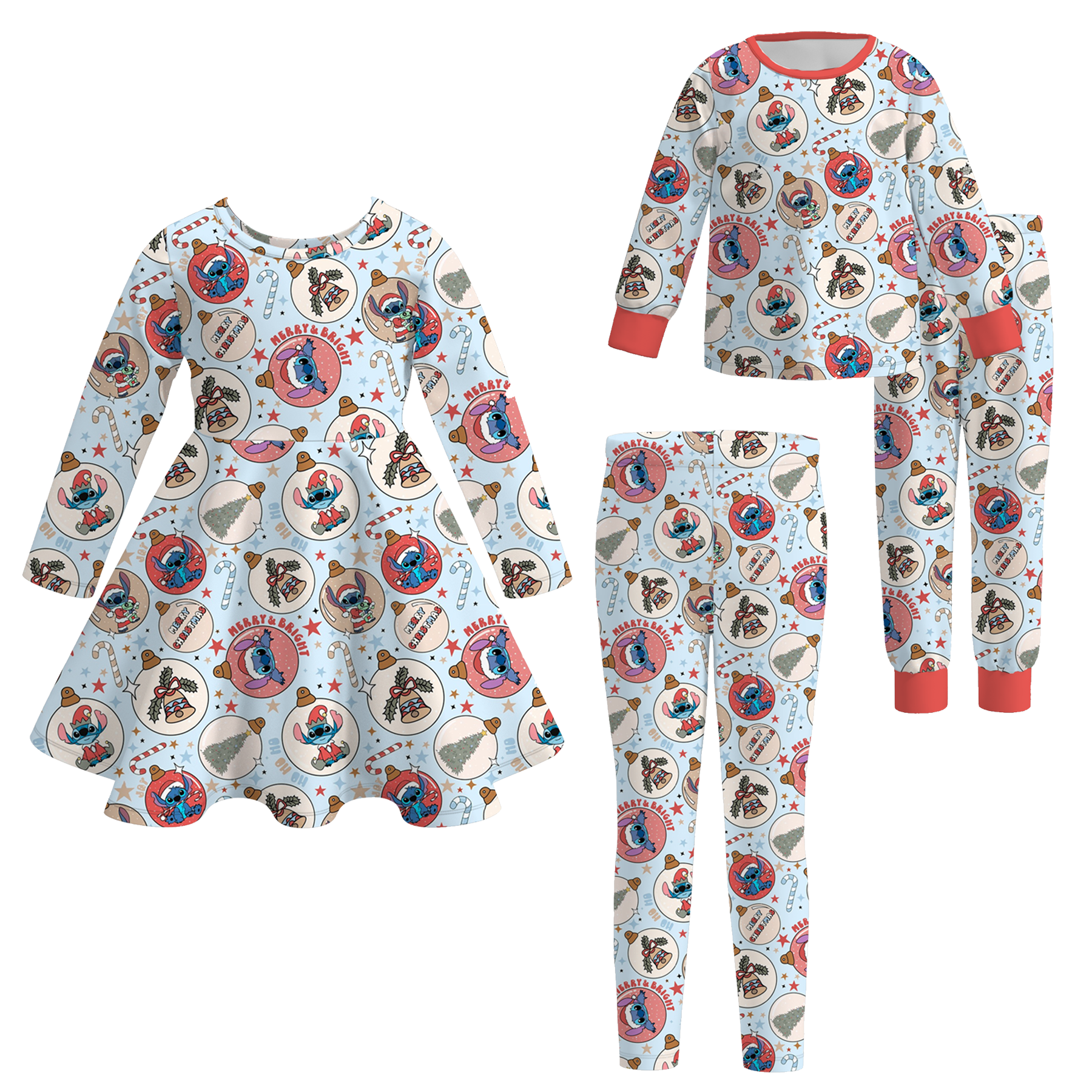 （Pre Order）Sisters Christmas Cartoon Print Dress,Pajamas＆Pants