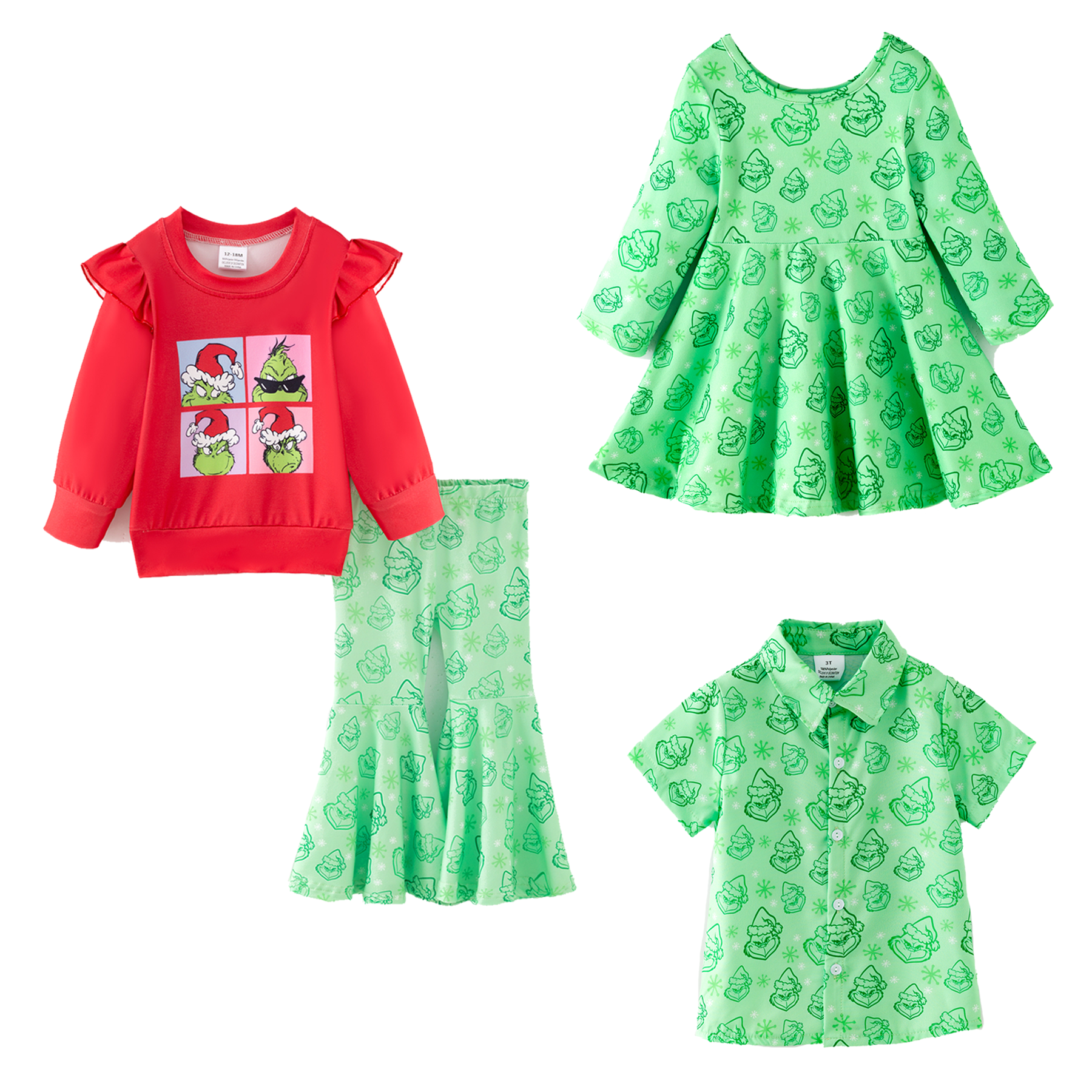 （Pre Order,Prepack Zone）Girls Christmas Cartoon Print Set,Dress&Top（Mix Size）