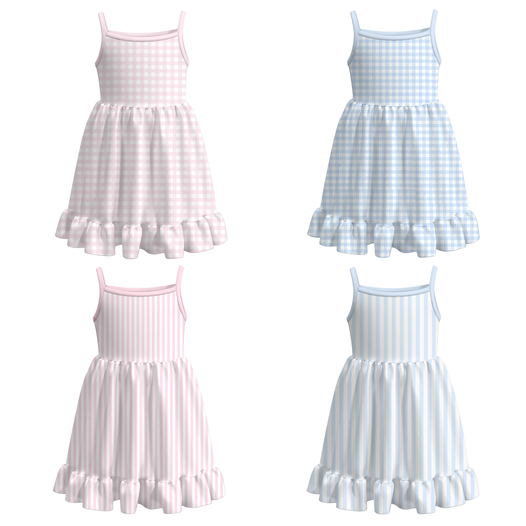 （Pre Order）Girls Spring and Summer Plaid＆Stripe Slip Dress