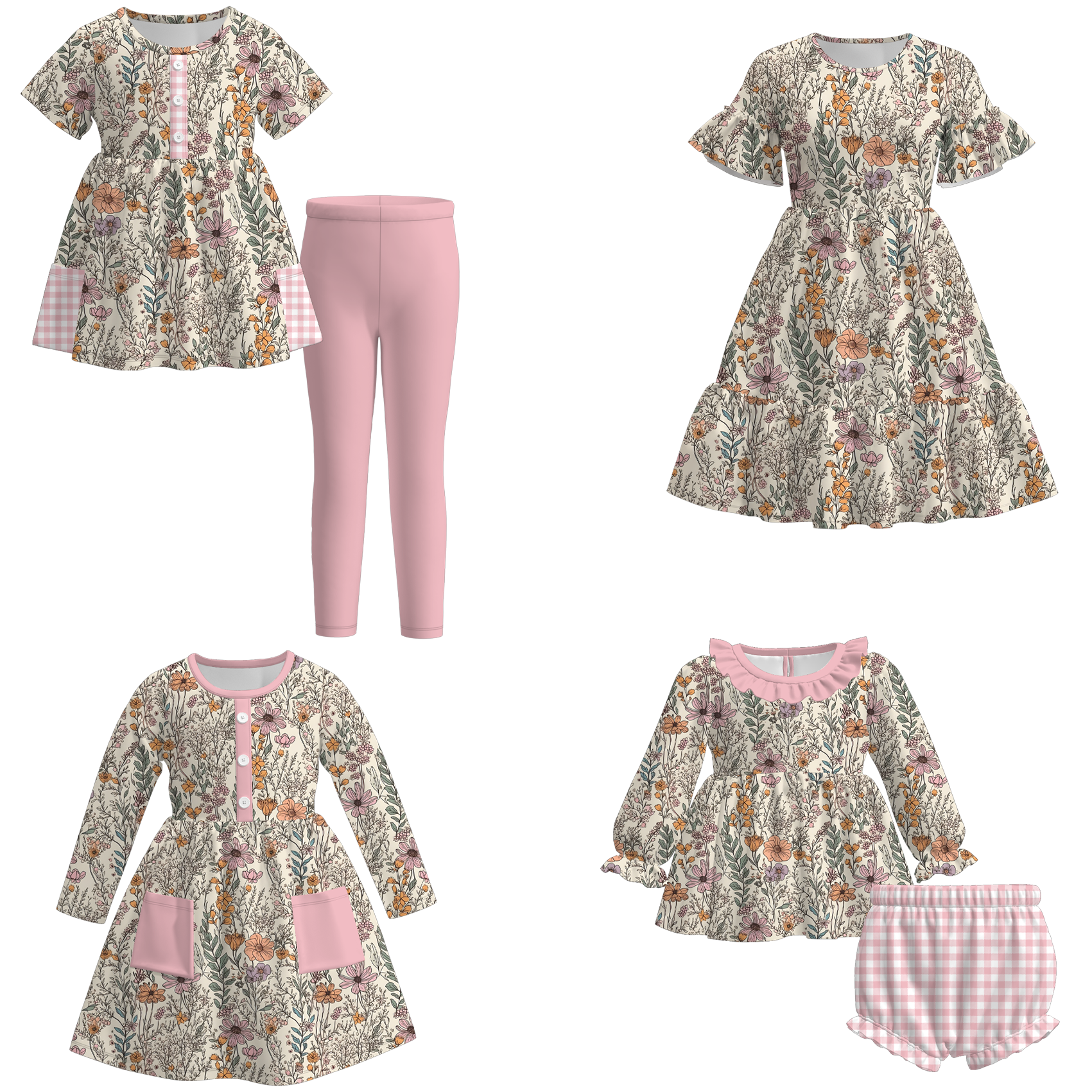 （Pre Order）Family Fall Pink Floral Print Dress,Set＆Romper