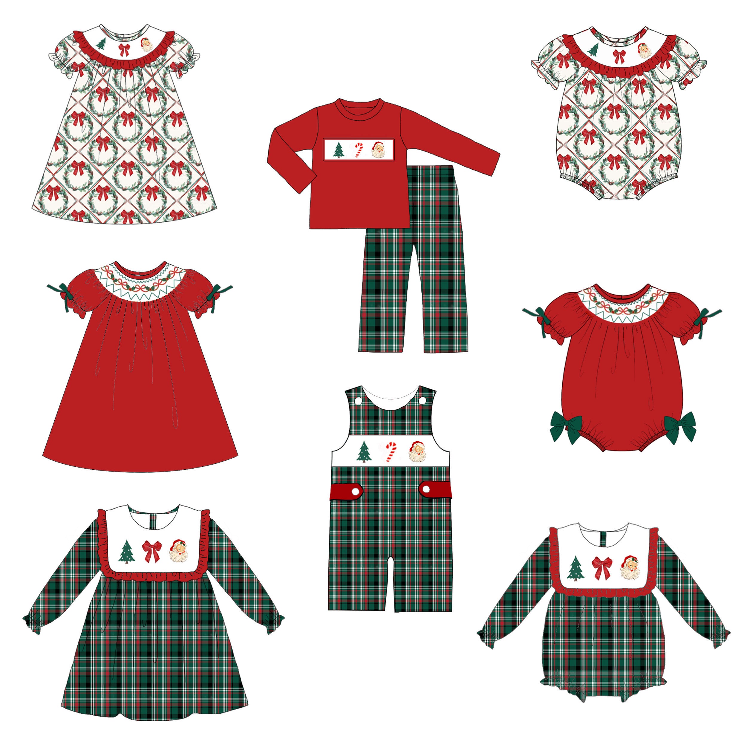 （Pre Order）Siblings Christmas Santa Claus Embroidery Smocked Dress,Set&Romper
