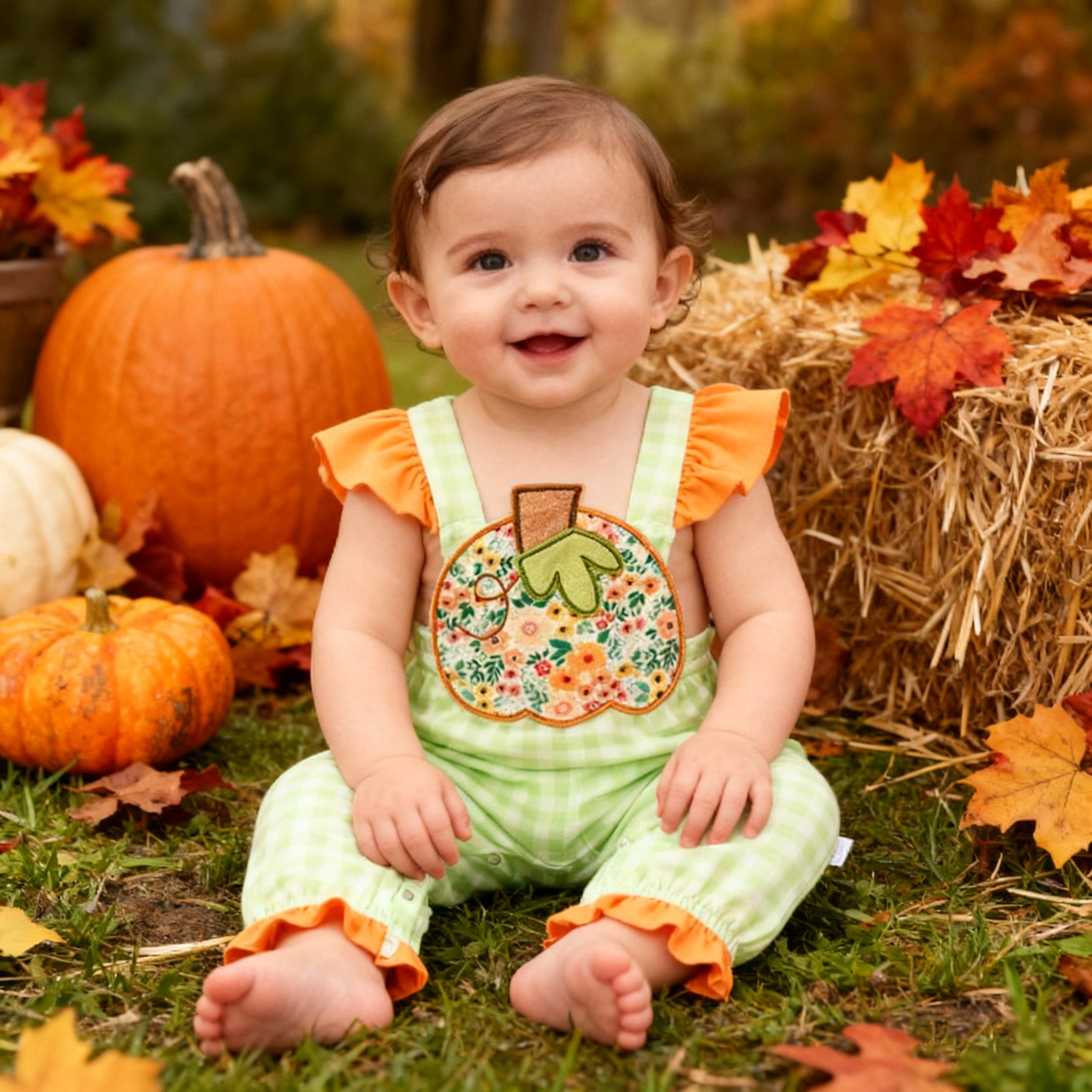 （In Stock）Toddler Girls Thanksgiving Pumpkin Applique Romper
