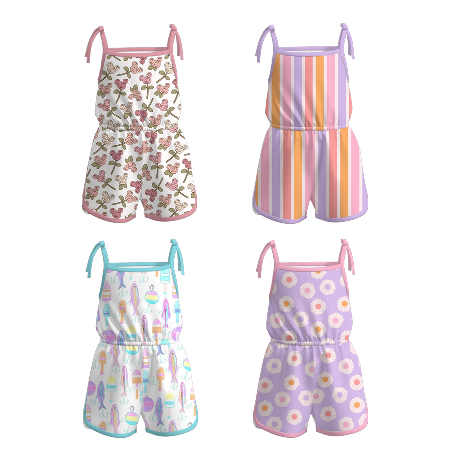 （Pre Order）Girls Spring and Summer Fish＆Floral Print Jumpsuit